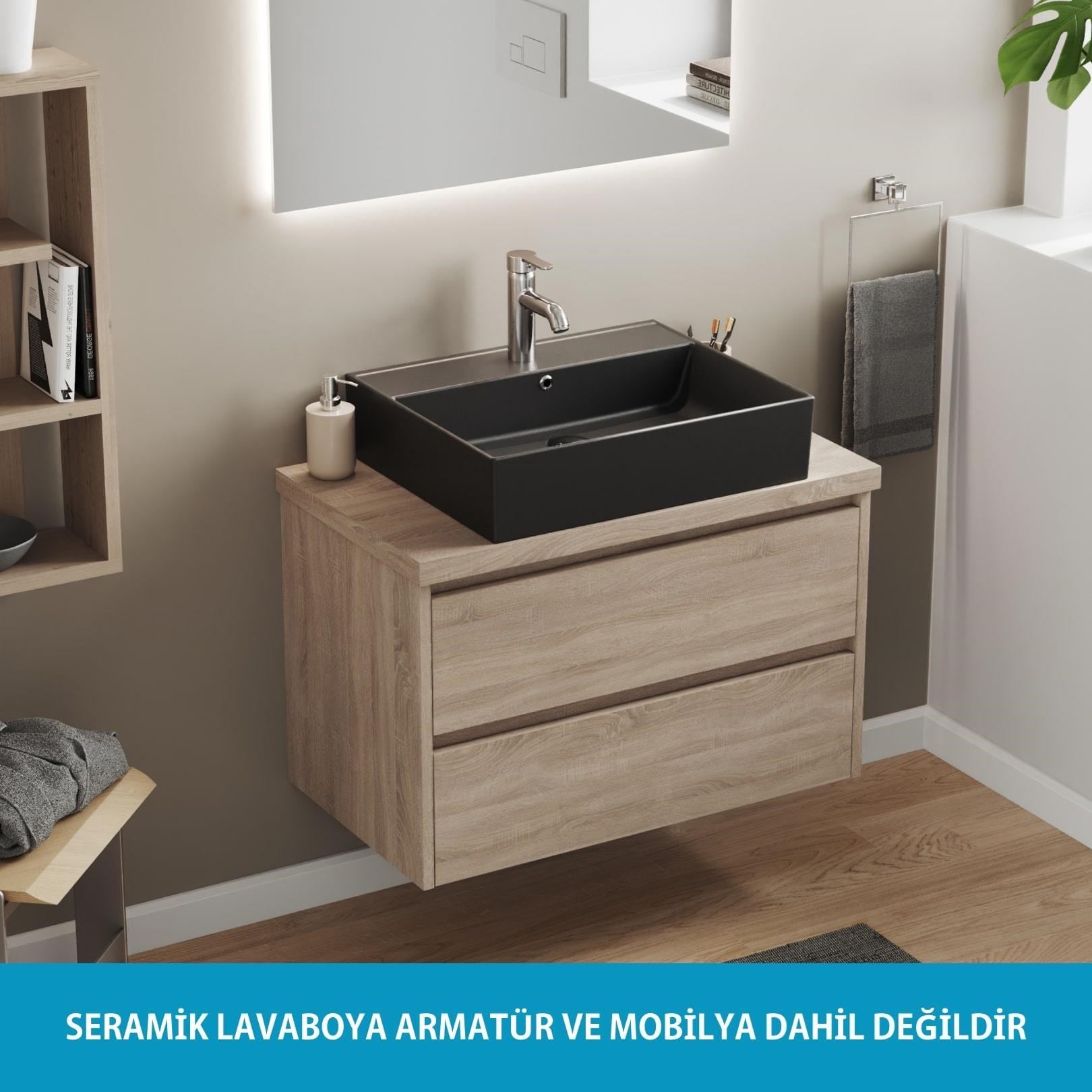 Aqua Bagno Plan Tezgah Üstü Kare Lavabo, 55x45 cm Mat Siyah | 10.16.30.03.04