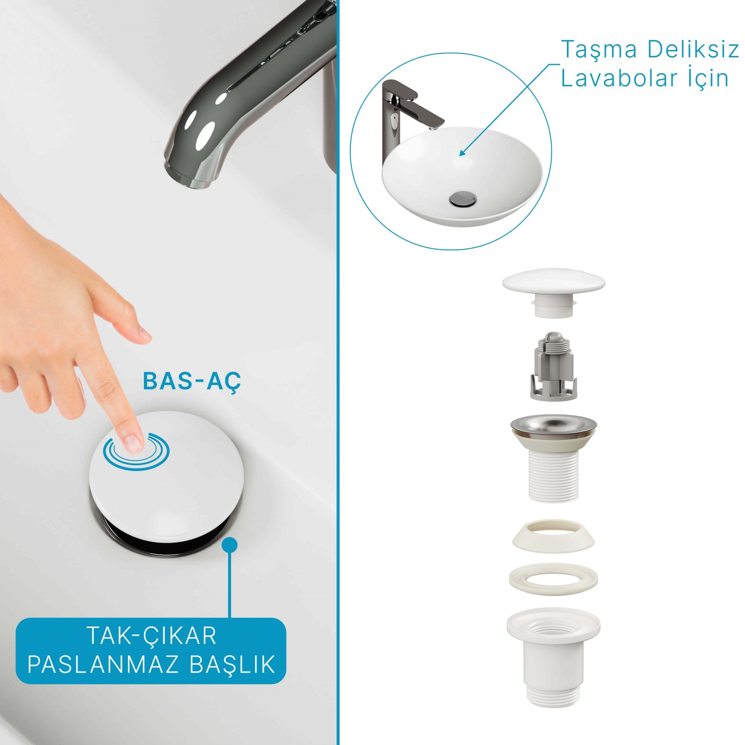 Aqua Bagno Pop-up Sifon, Beyaz Seramik Başlıklı, Taşma Deliksiz, (1 -1/4) | 90.99.05.06.01