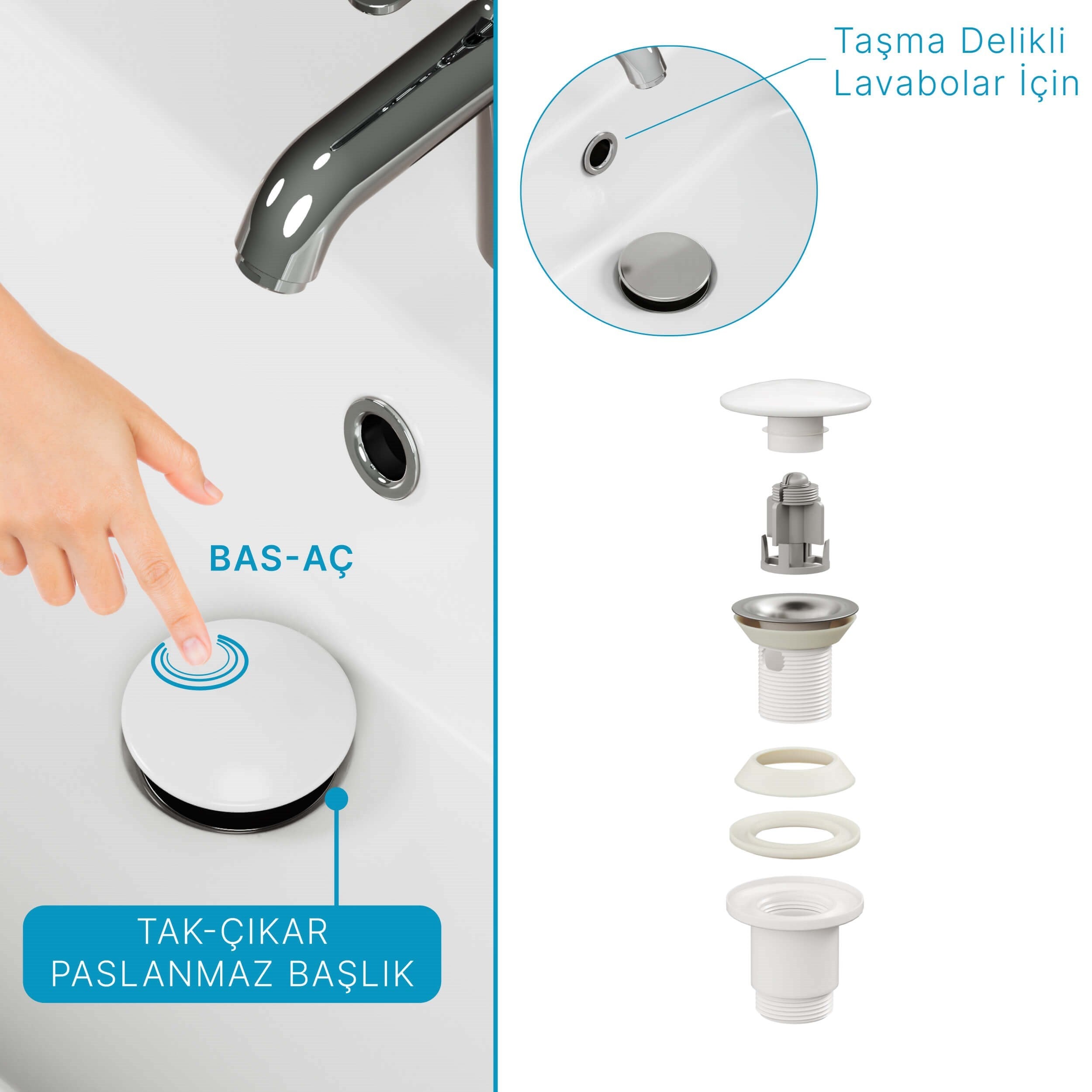Aqua Bagno Pop-up Sifon, Beyaz Seramik Başlıklı, Taşma Delikli, (1 -1/4)  | 90.99.05.05.01
