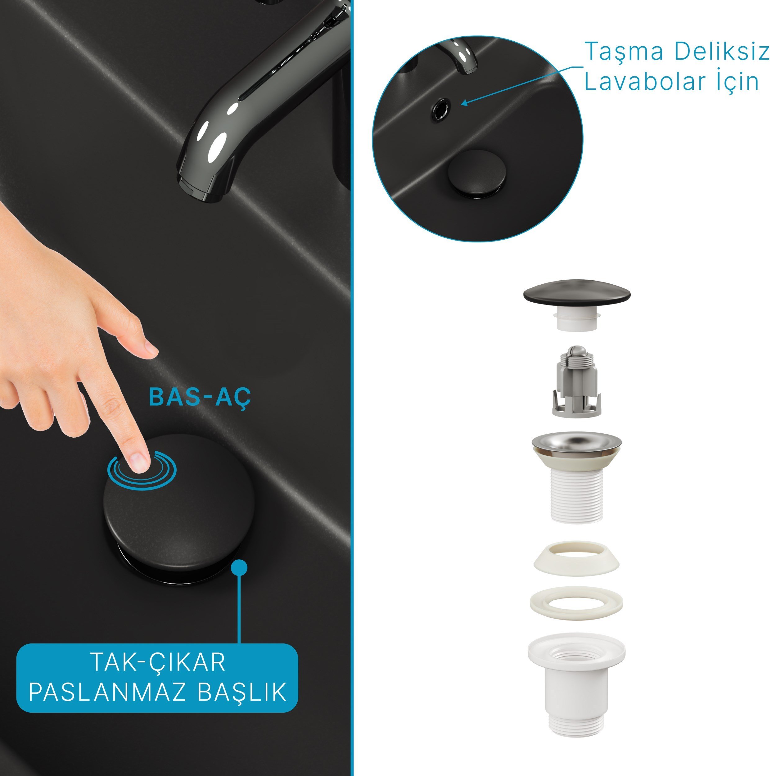 Aqua Bagno Pop-up Sifon, Mat Siyah Seramik Başlıklı,Taşma Deliksiz, (1 -1/4) | 90.99.05.06.04