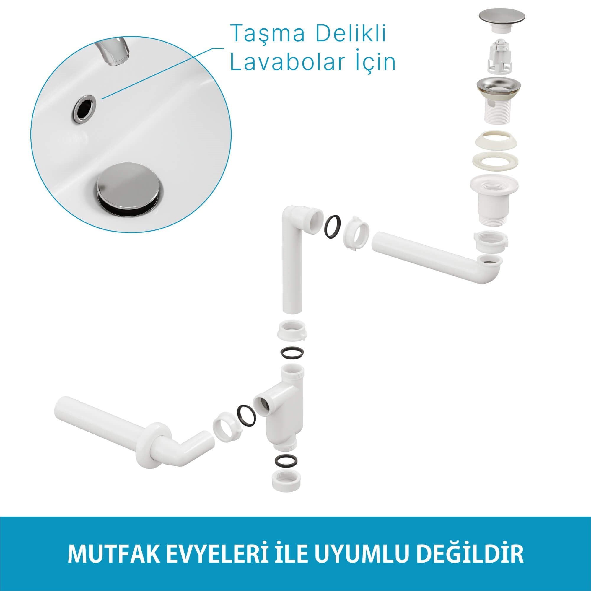 Aqua Bagno  Smart Pop-up  sifon , Taşma Delikli  Krom +Comfort Yer Kazandıran Lavabo  sifonu -2 Parç