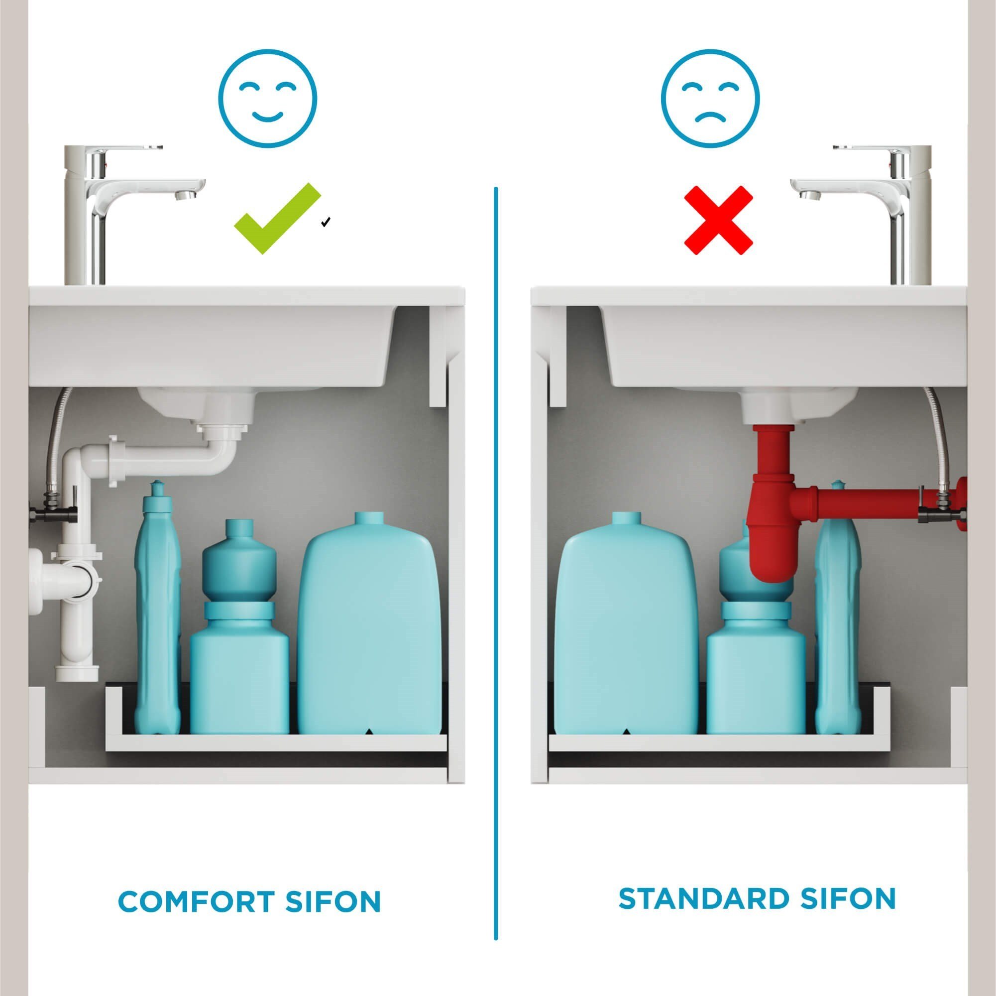 Aqua Bagno  Smart Pop-up  sifon , Taşma Deliksiz  Krom +Comfort Yer Kazandıran Lavabo Sifonu -2 Parça Set | 90.99.07.02.02