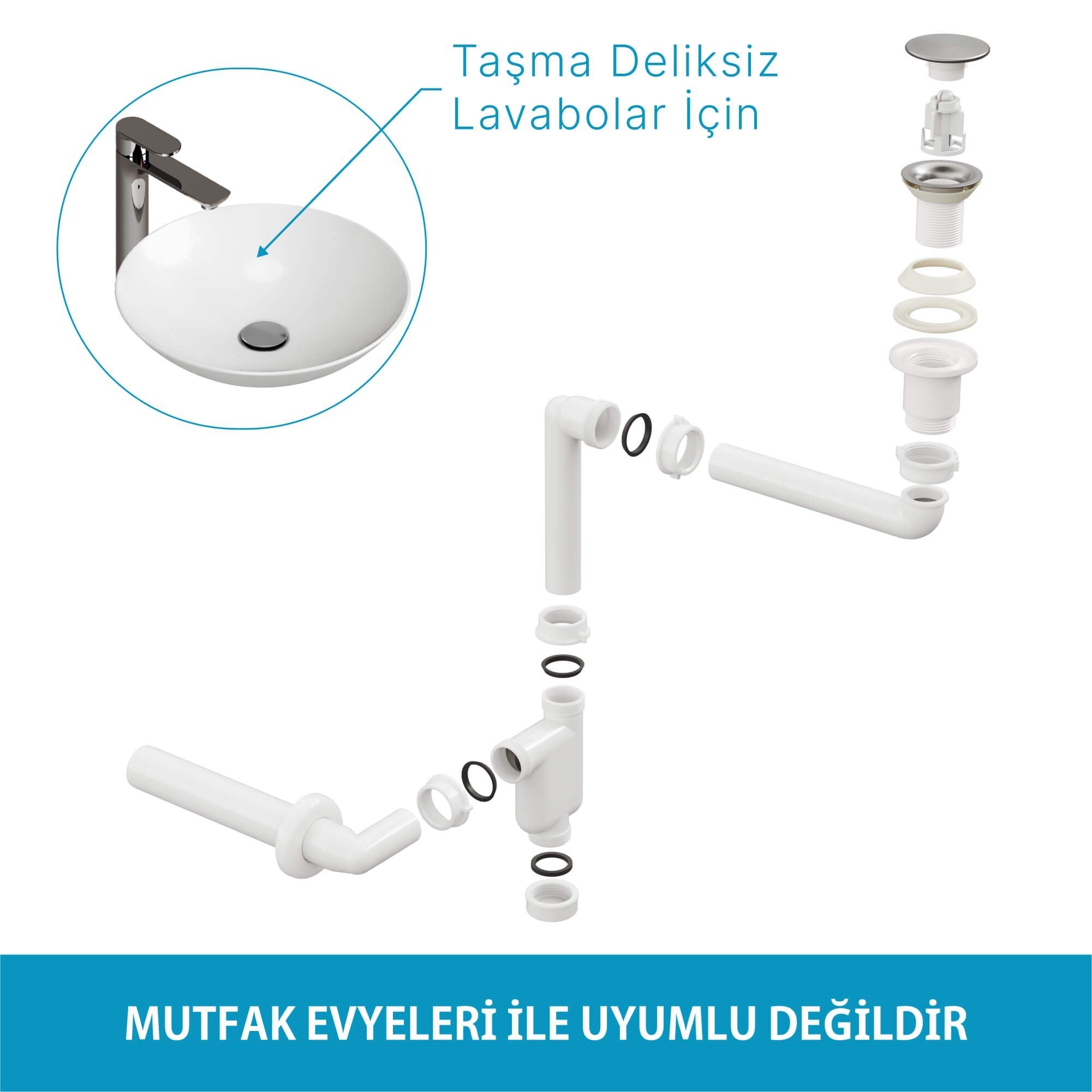 Aqua Bagno  Smart Pop-up  sifon , Taşma Deliksiz  Krom +Comfort Yer Kazandıran Lavabo Sifonu -2 Parça Set | 90.99.07.02.02