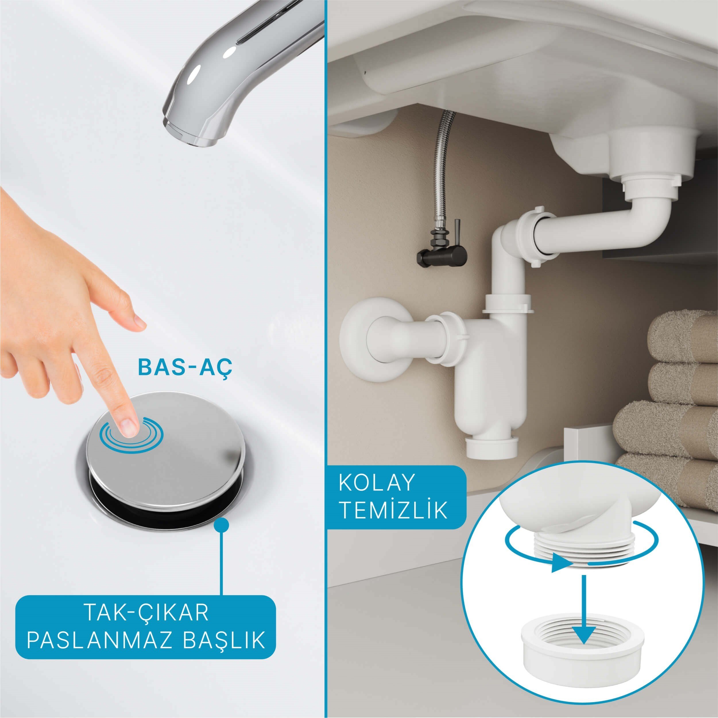 Aqua Bagno  Smart Pop-up  sifon , Taşma Deliksiz  Krom +Comfort Yer Kazandıran Lavabo Sifonu -2 Parça Set | 90.99.07.02.02
