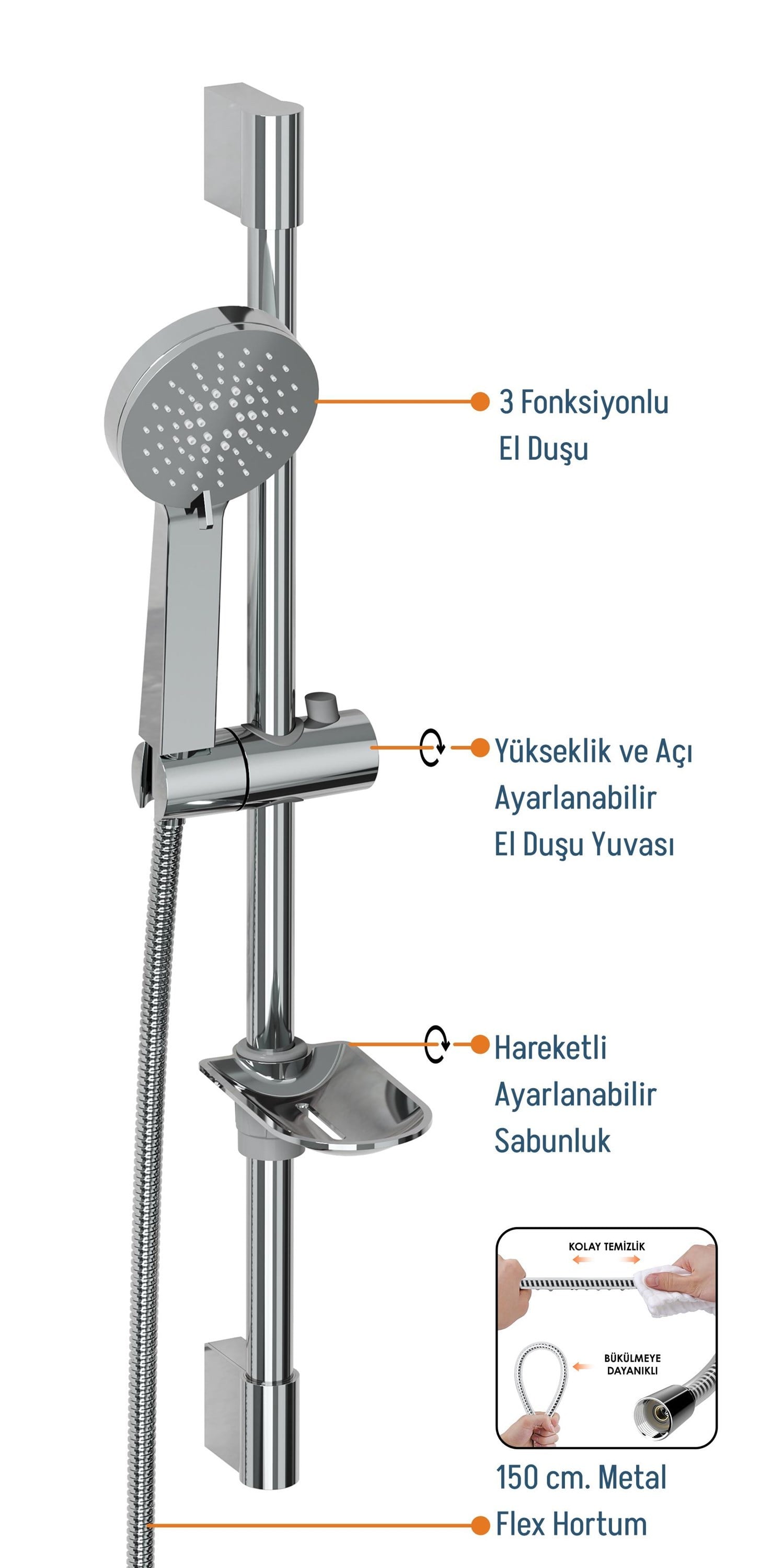 Aqua Bagno Smile 2.0 Sürgülü Duş Seti – 3 Fonksiyonlu, Krom, Sabunluk Dahil | 90.25.29.02