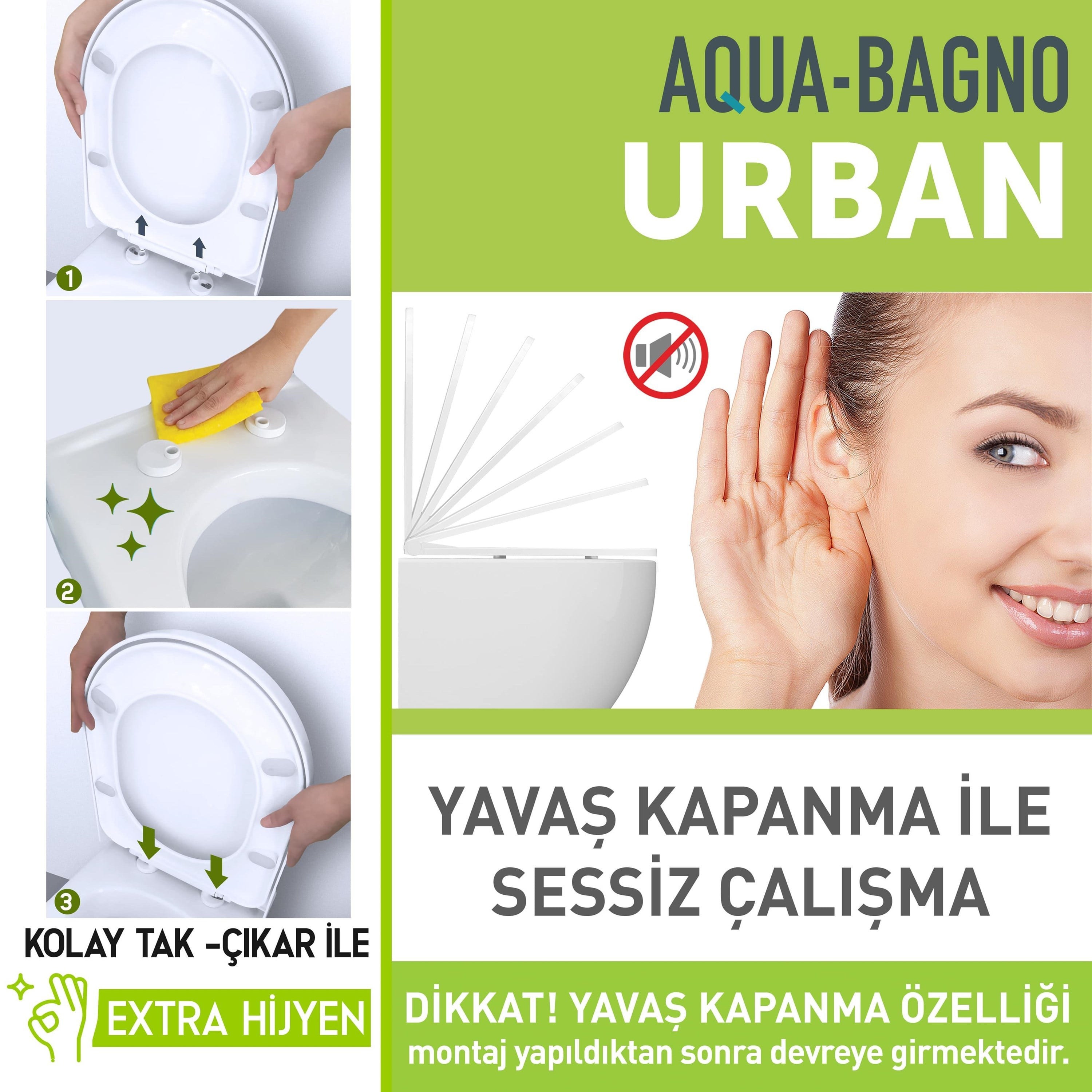 Aqua Bagno Urban Yavaş Kapanan Klozet Kapağı - Kare Önü Oval, Beyaz | 90.99.50.24