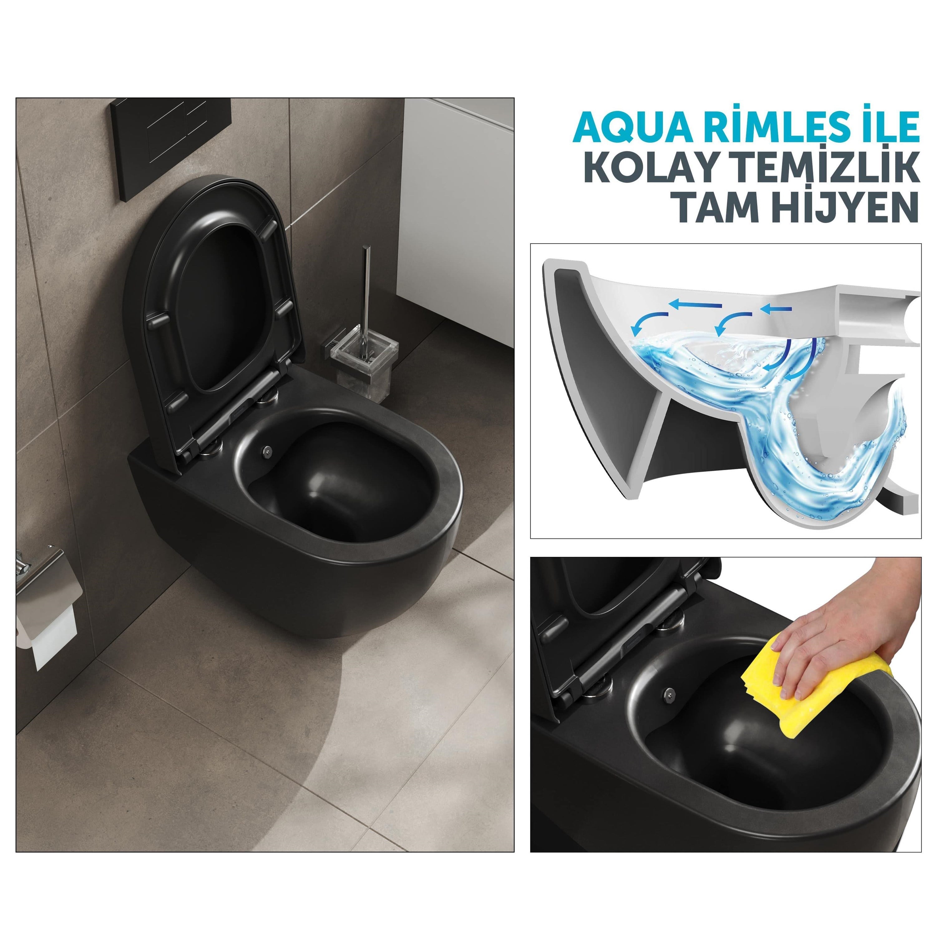 Aqua Bagno Voca Asma Klozet 54 cm, Mat Siyah - Set 2 Parça - DP Kapak Dahil | S.10.21.01.01.02.01
