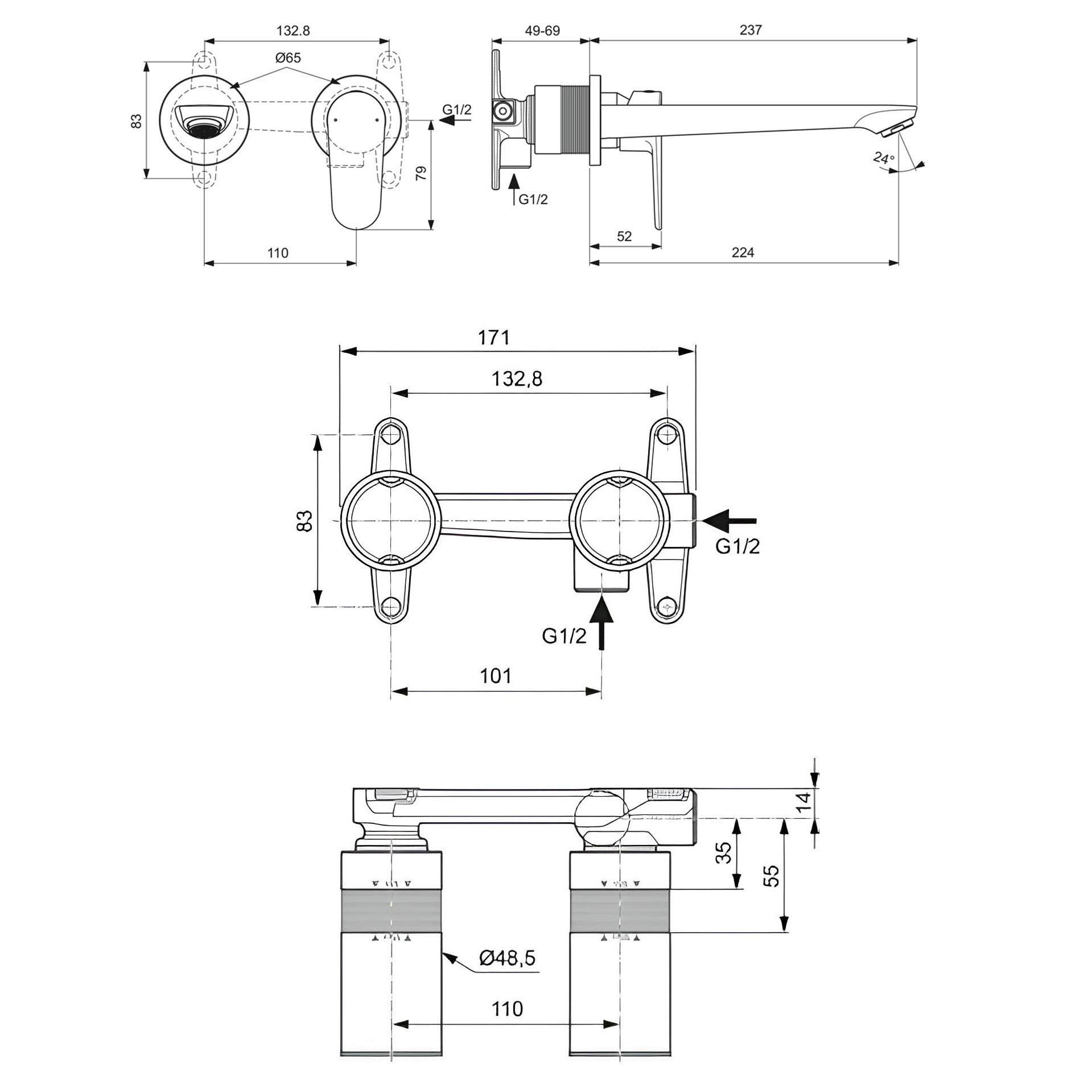 Cerafine O Ankastre Lavabo Bataryası-Chrome-KIT2 +Ankastre Lavabo Bataryası Iç Set-KIT1-2 PARÇA 