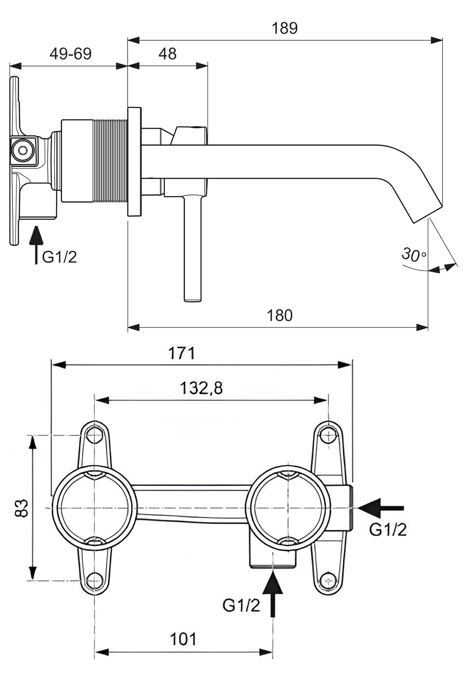 Ceraline  Ankastre Lavabo Bataryası-Chrome-KIT2 +Ankastre Lavabo Bataryası İç Set-KIT1-2 PARÇA