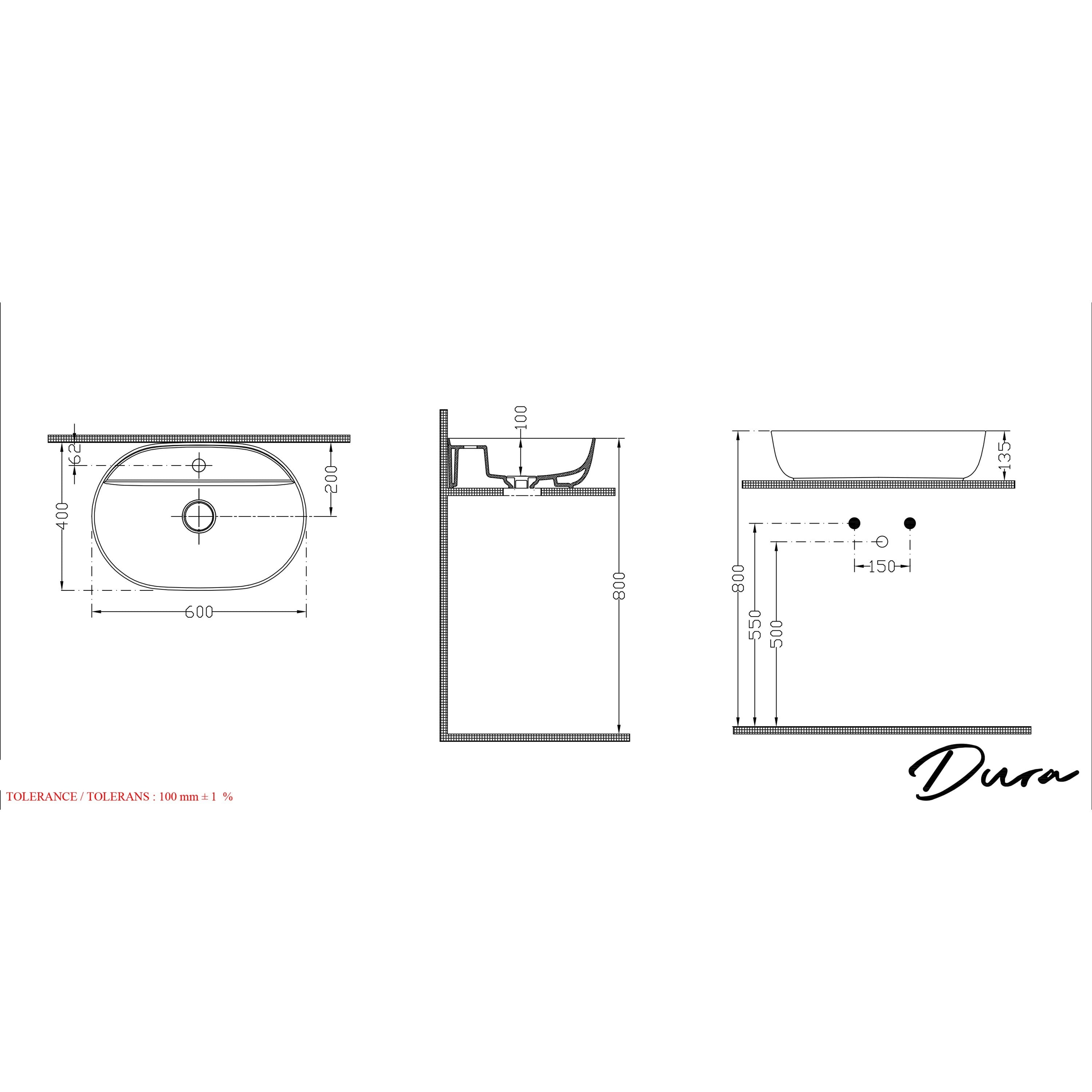 Dura Bagno Dream Çanak Lavabo 60x40 cm, Batarya Delikli, Tezgah Üstü, Beyaz | 5840