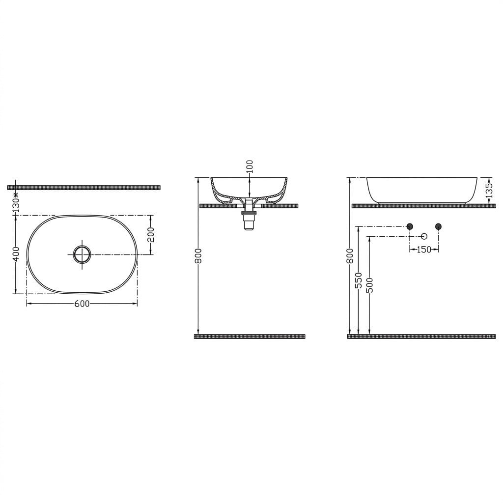 Dura Bagno Rose Çanak Lavabo 60x40 cm, Batarya Deliksiz Tezgah Üstü Beyaz |  5841
