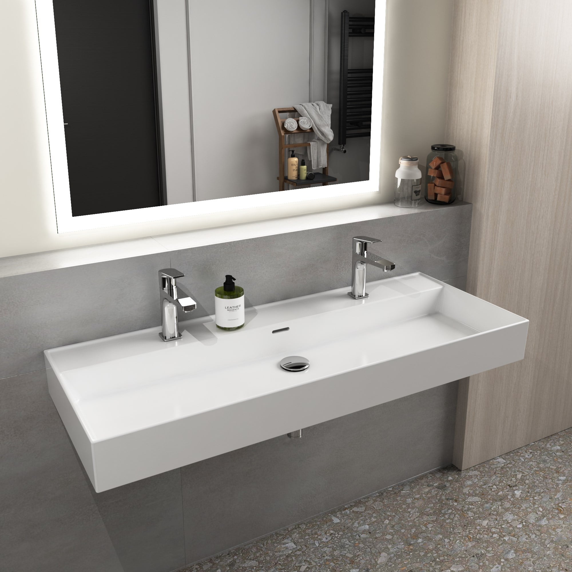 Dura Niva Kare Çanak Lavabo 120x46,5 cm Tezgah Üstü, Çift Batarya Delikli Beyaz | 5260