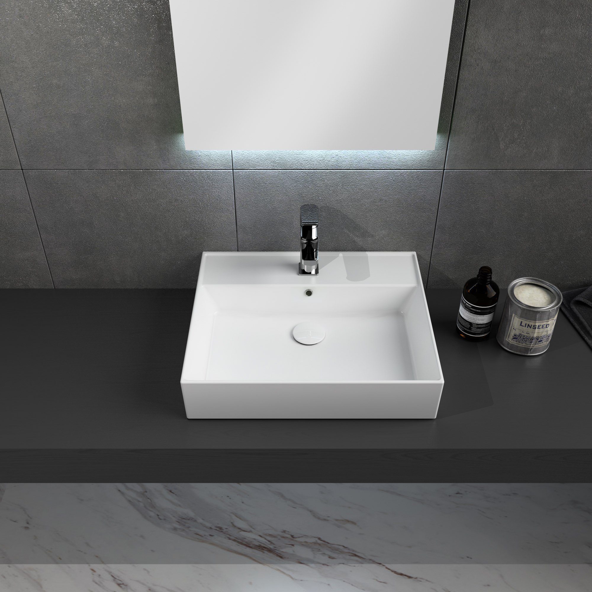 Dura Niva Kare Çanak Lavabo 60x46,5 cm Tezgah Üstü Batarya Delikli Beyaz | 5252
