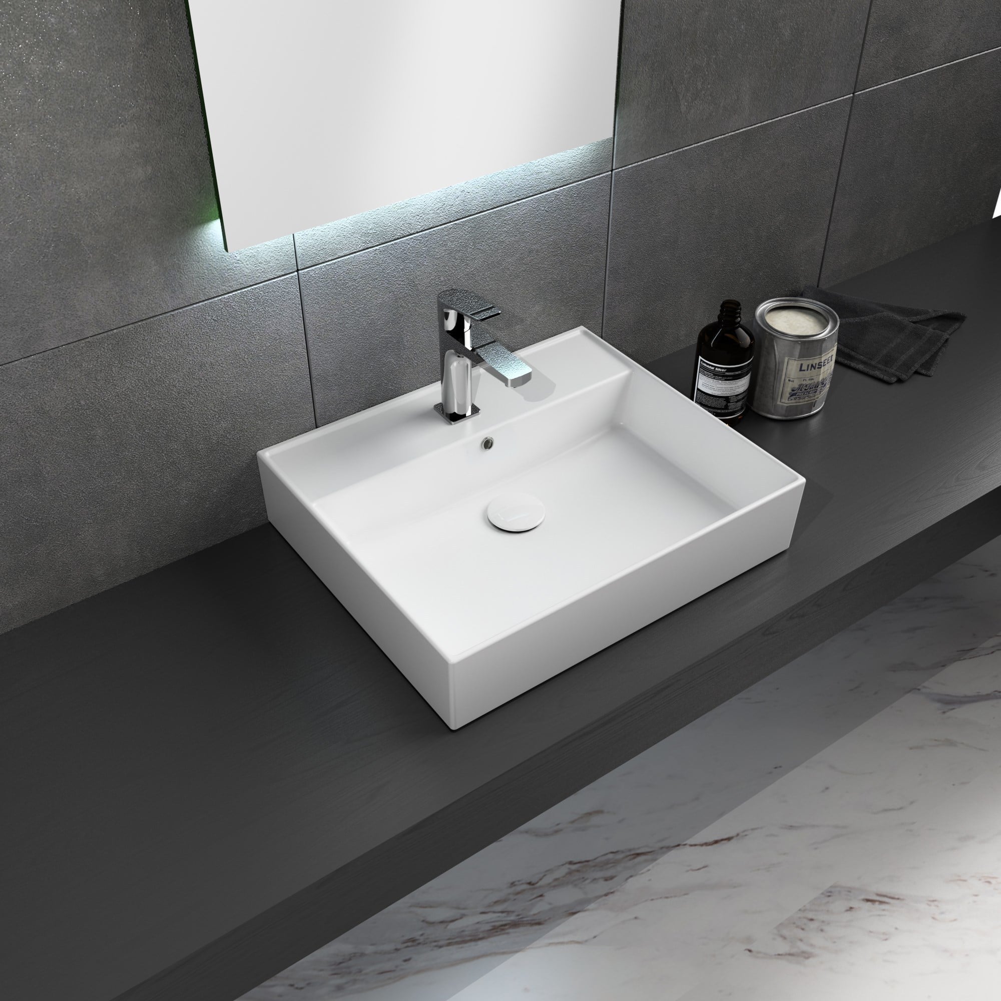 Dura Niva Kare Çanak Lavabo 60x46,5 cm Tezgah Üstü Batarya Delikli Beyaz | 5252