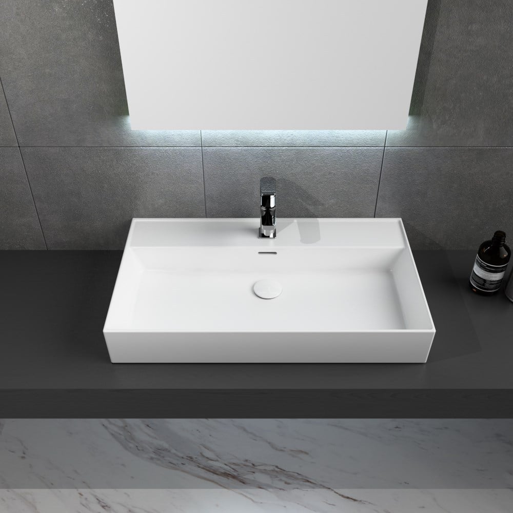 Dura Niva Kare Çanak Lavabo 80x46,5 cm Tezgah Üstü Batarya Delikli Beyaz | 5253