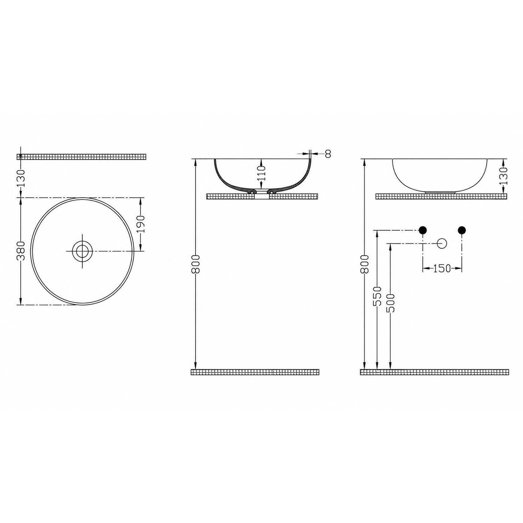Dura Vero Çanak Lavabo 38 cm. Tezgah Üstü Batarya Deliksiz | 5940