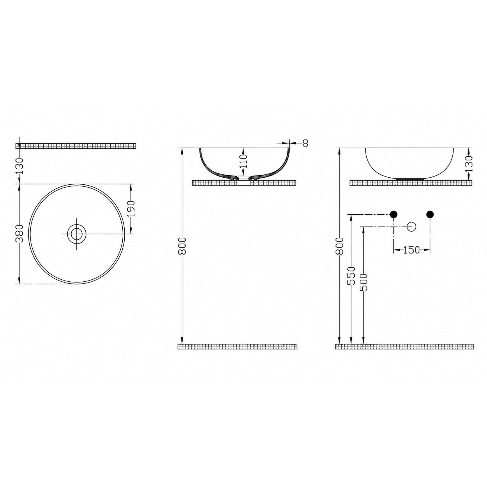 Dura Vero Çanak Lavabo 38 cm. Tezgah Üstü Batarya Deliksiz | 5940