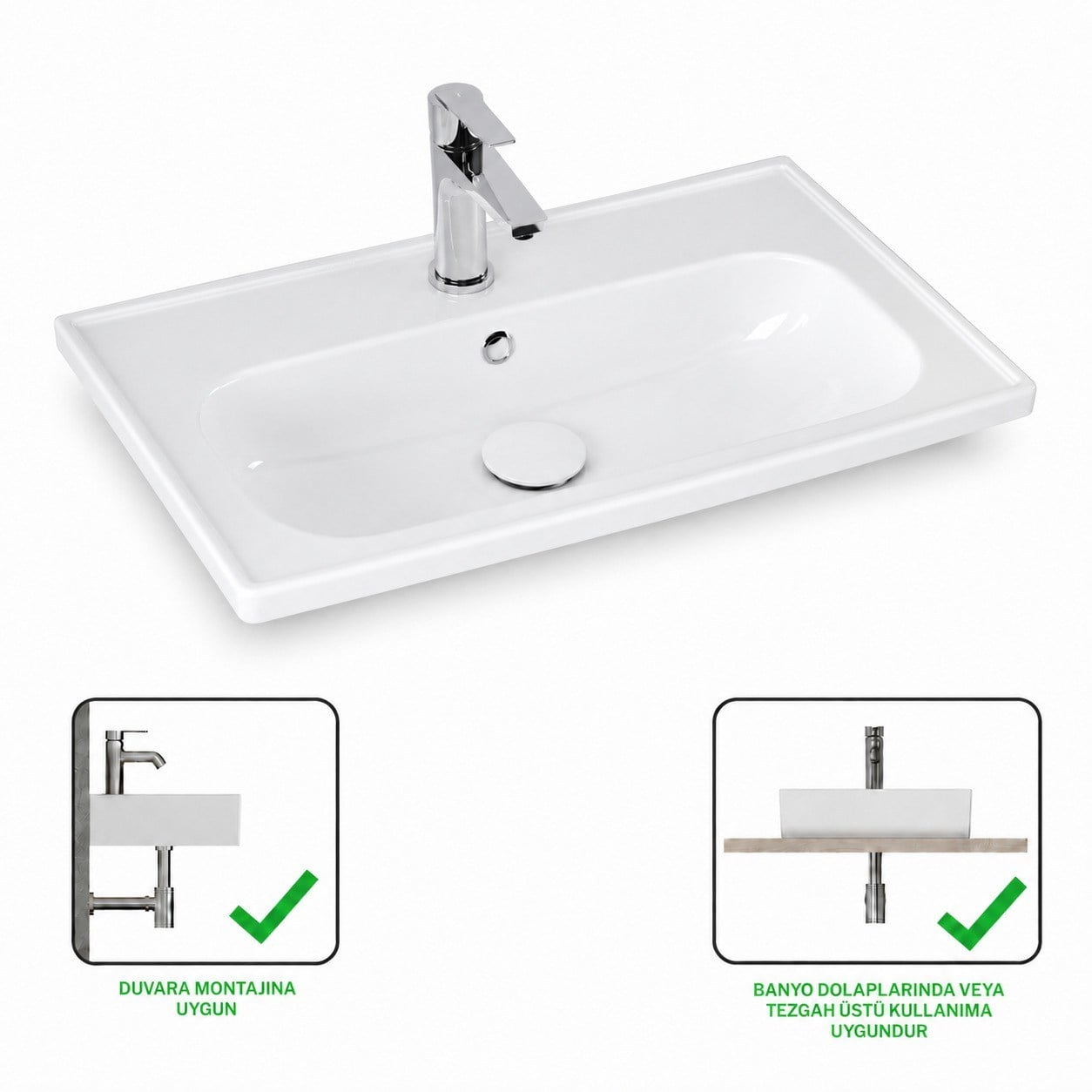 Ece Banyo Kompakt Lavabo 60x37 cm Dar Banyo Küçük Alanlar İçin Beyaz | 10KF50061EC