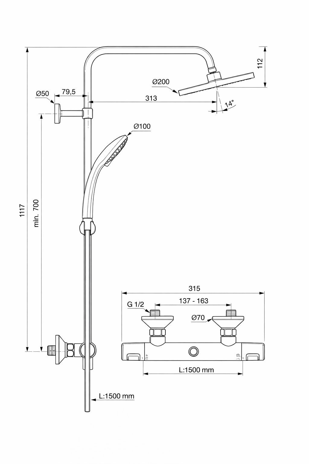 Ideal Standard Ceratherm T25 Termostatik Duş Sistemi – A7208AA,Krom