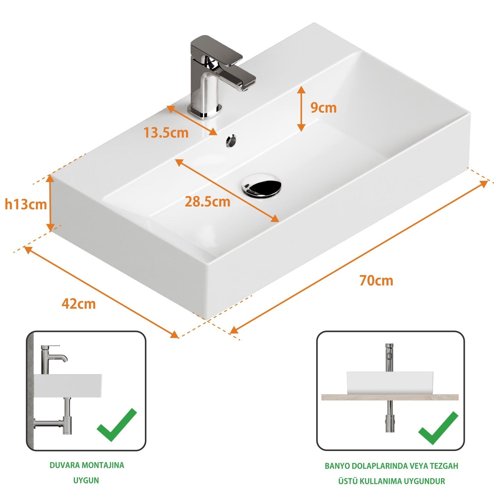 ISVEA Sistema Z Tezgah Üstü Kare Lavabo 70x42 cm Slim Batarya Delikli Beyaz | 10SF50070