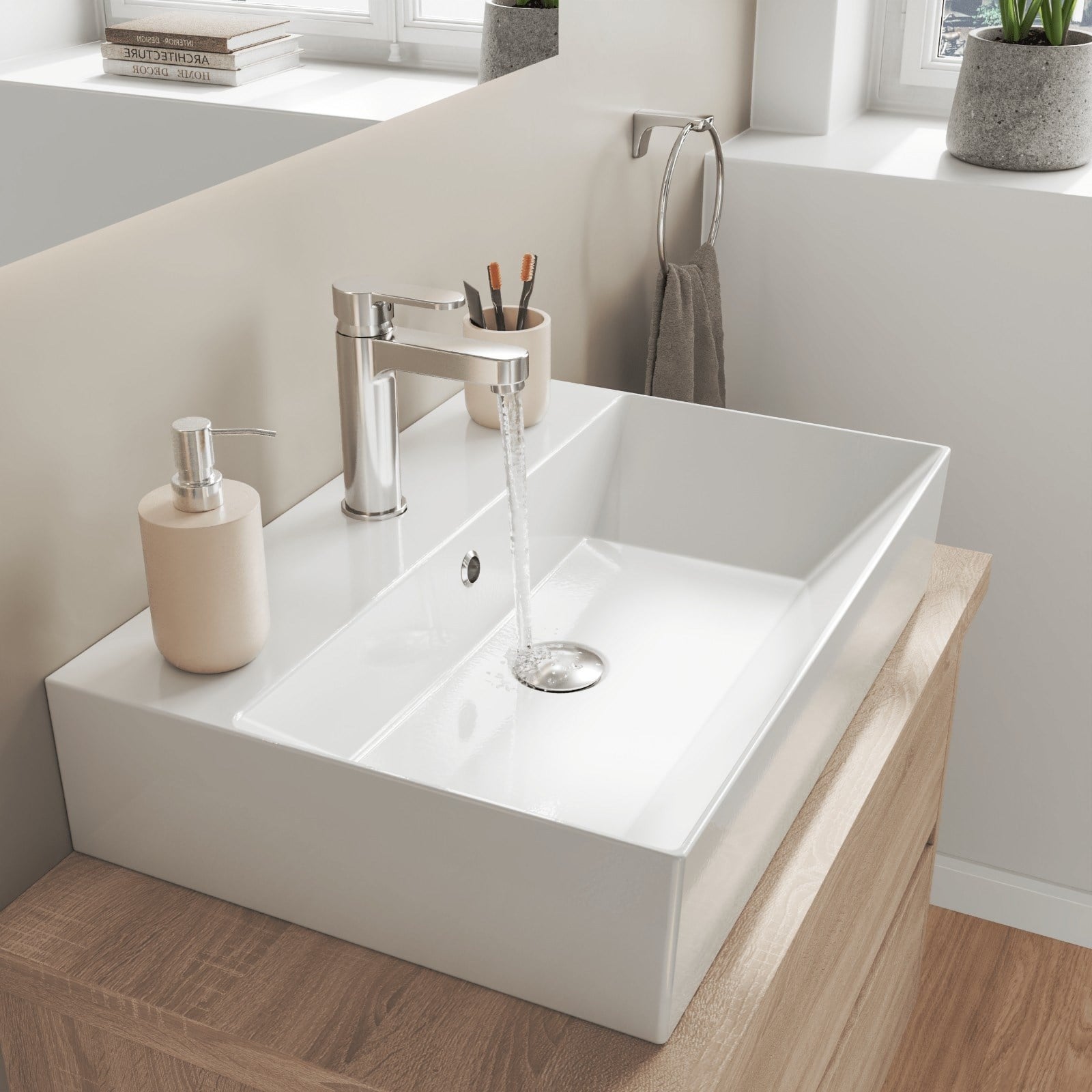 ISVEA Sistema Z Tezgah Üstü Kare Lavabo 60x42 cm Slim Batarya Delikli Beyaz | 10SF50060
