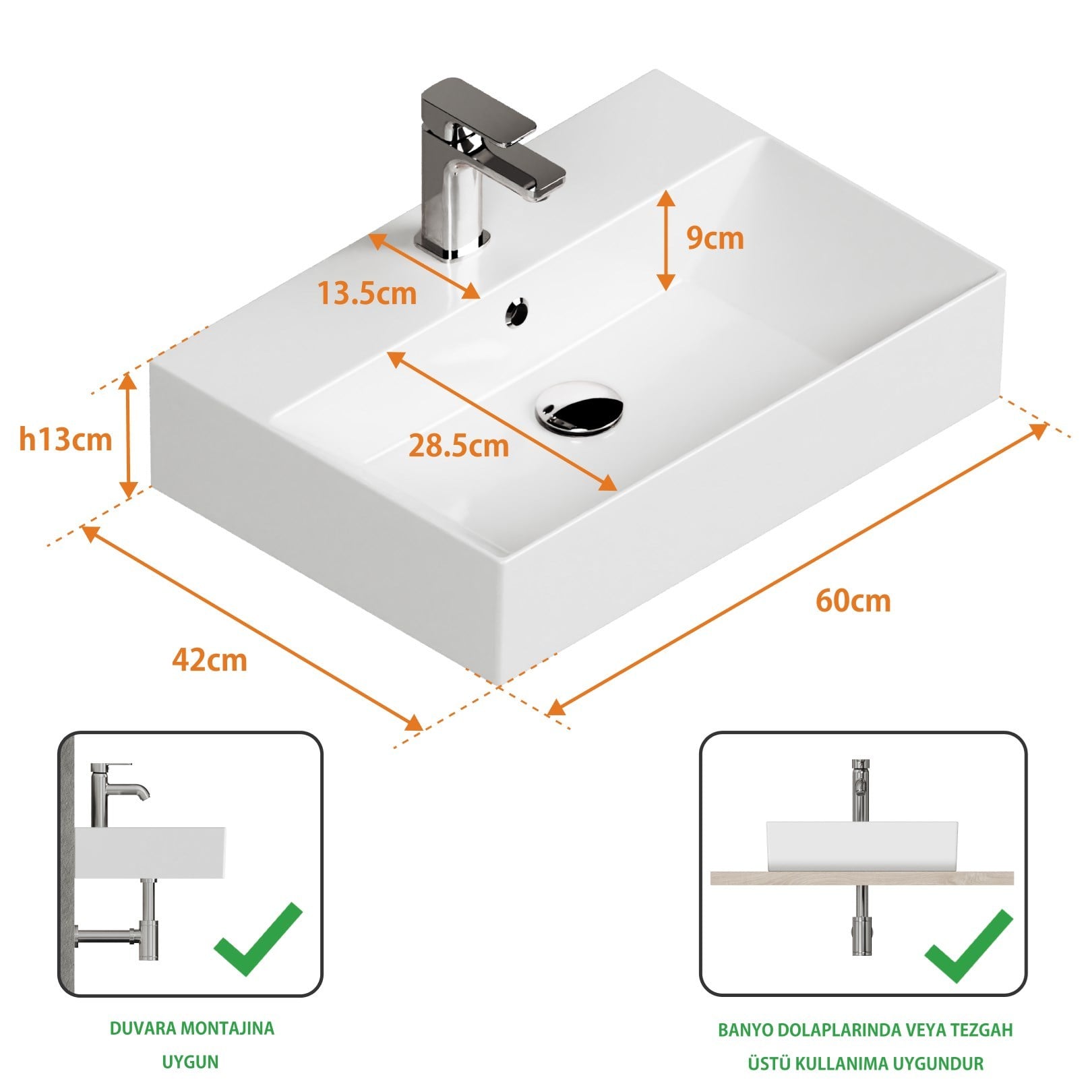 ISVEA Sistema Z Tezgah Üstü Kare Lavabo 60x42 cm Slim Batarya Delikli Beyaz | 10SF50060
