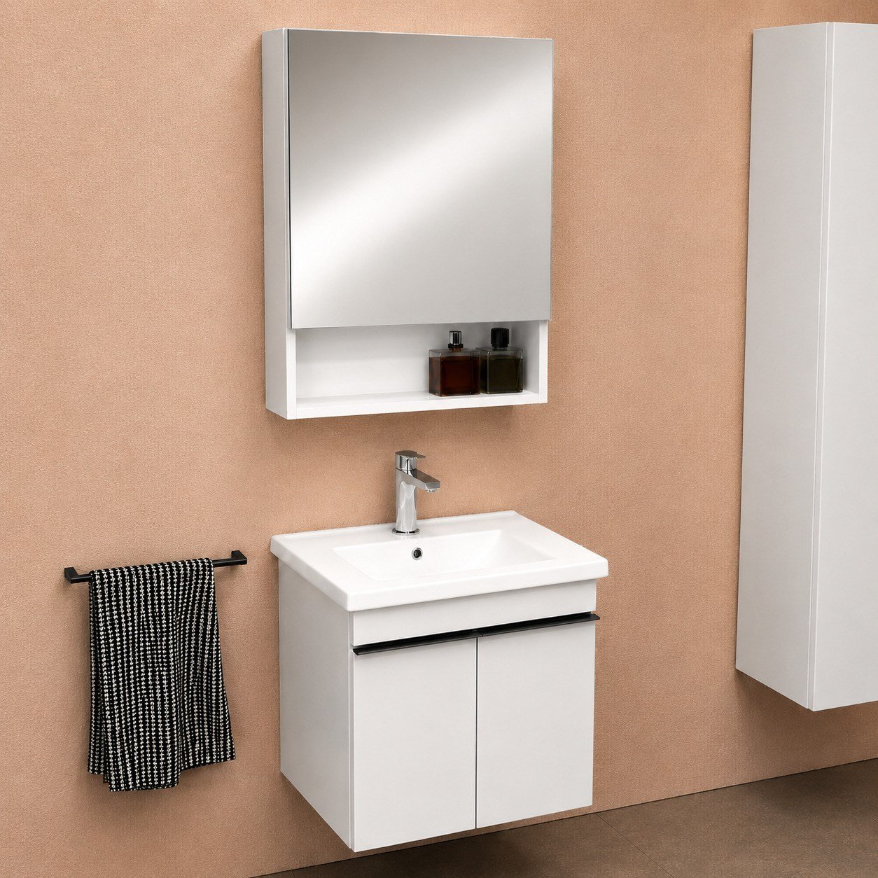 Isvea Terni Banyo Dolap Seti 65 cm Aynalı Üst Dolap Dahil Lavabolu Beyaz | ISV.50.35.01.01