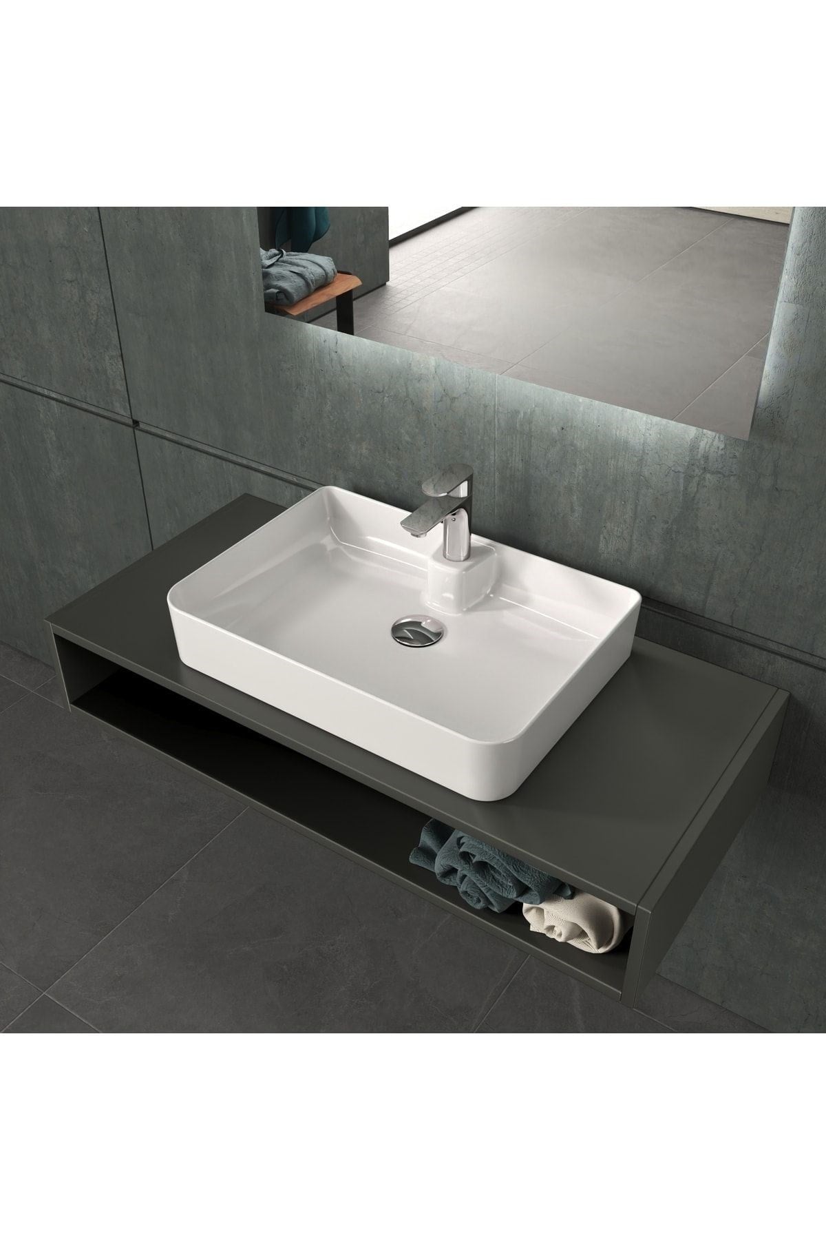Mestola Tezgah Üstü Kare Çanak Lavabo Batarya Delikli 60x42 Cm Beyaz | 19.31.60.1.NO