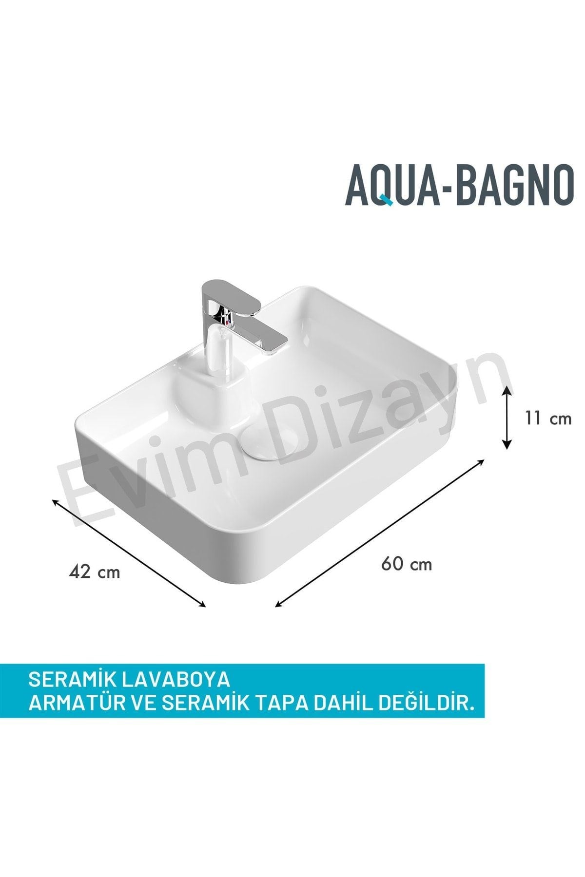 Mestola Tezgah Üstü Kare Çanak Lavabo Batarya Delikli 60x42 Cm Beyaz | 19.31.60.1.NO