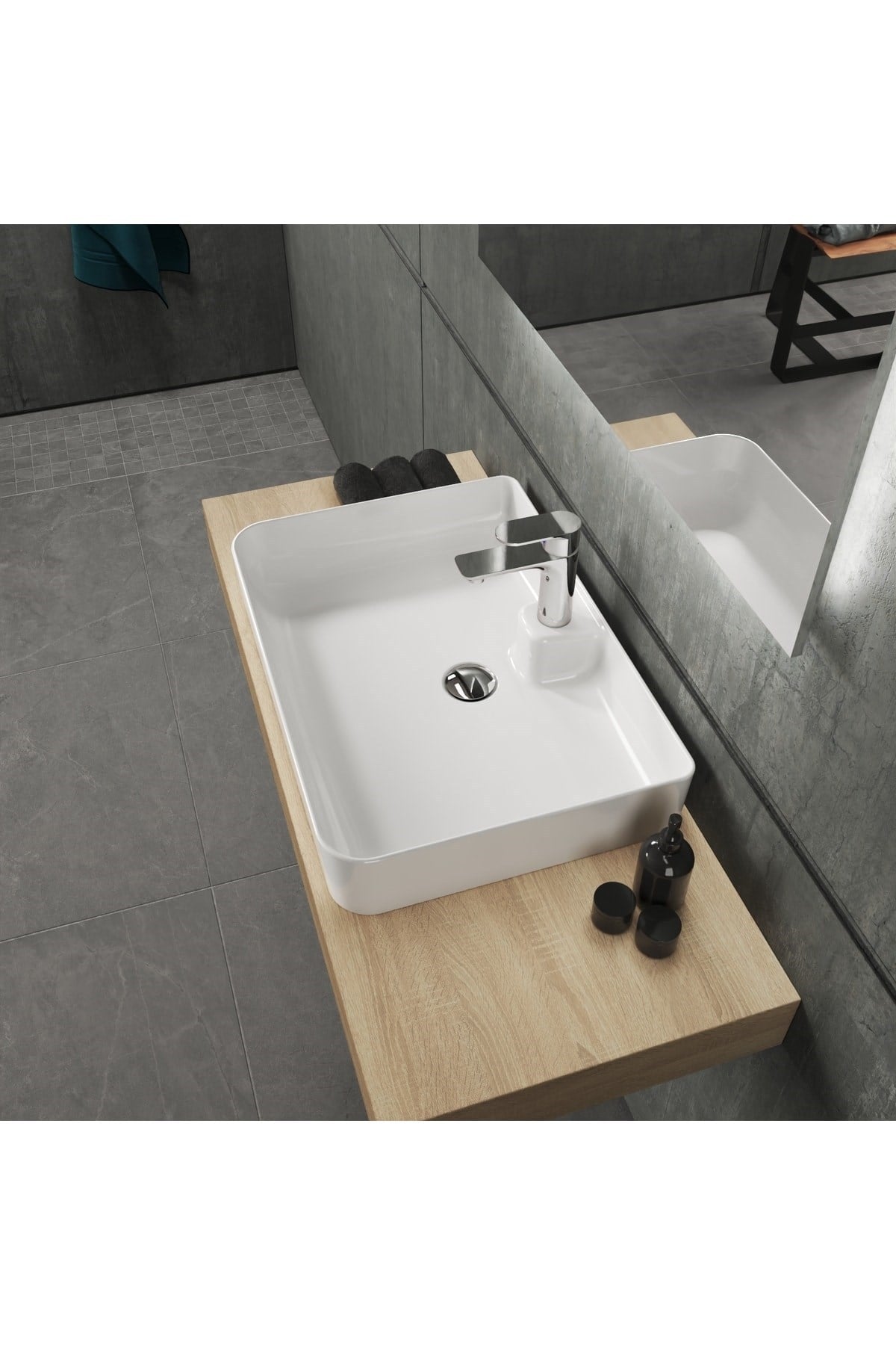 Mestola Tezgah Üstü Kare Çanak Lavabo Batarya Delikli 50x35 cm Beyaz | 19.31.50.1.NO