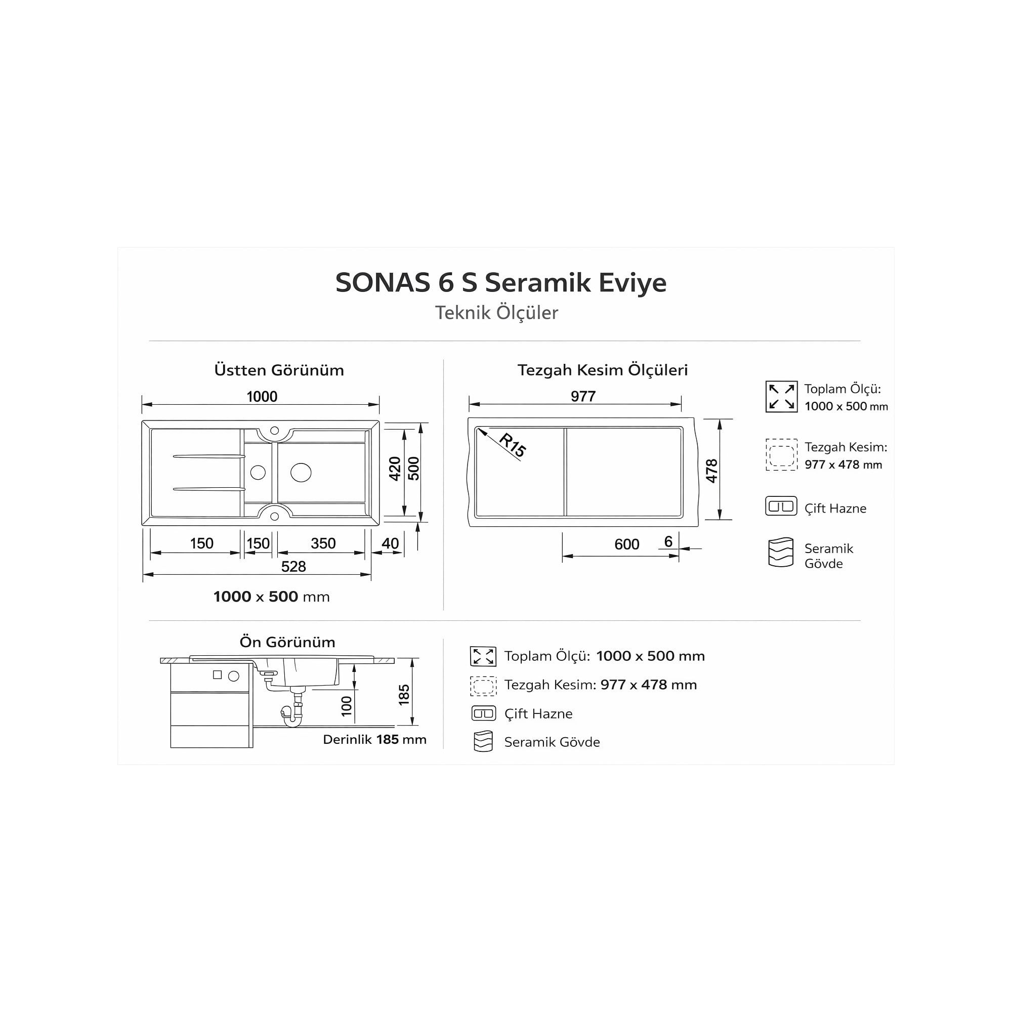 Nuevo Sonas 6 S Seramik Eviye 60 cm 1,5 Gözlü Parlak Beyaz Çift Yönlü  – 304162