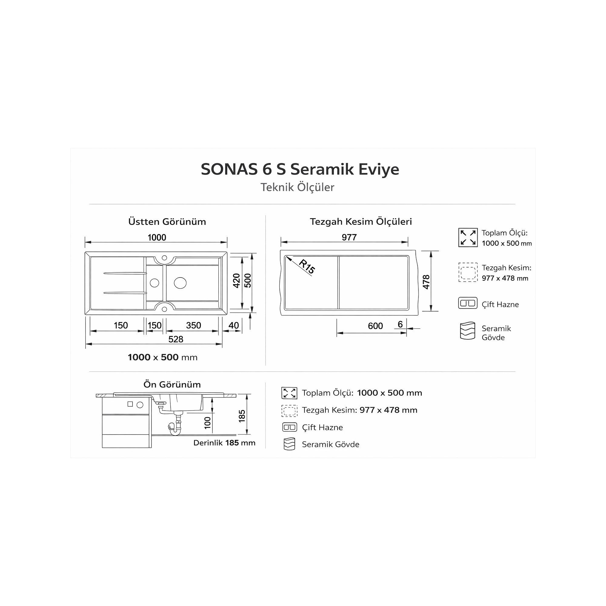 Nuevo Sonas 6 S Seramik Eviye 60 cm 1,5 Gözlü Parlak Beyaz Çift Yönlü  – 304162