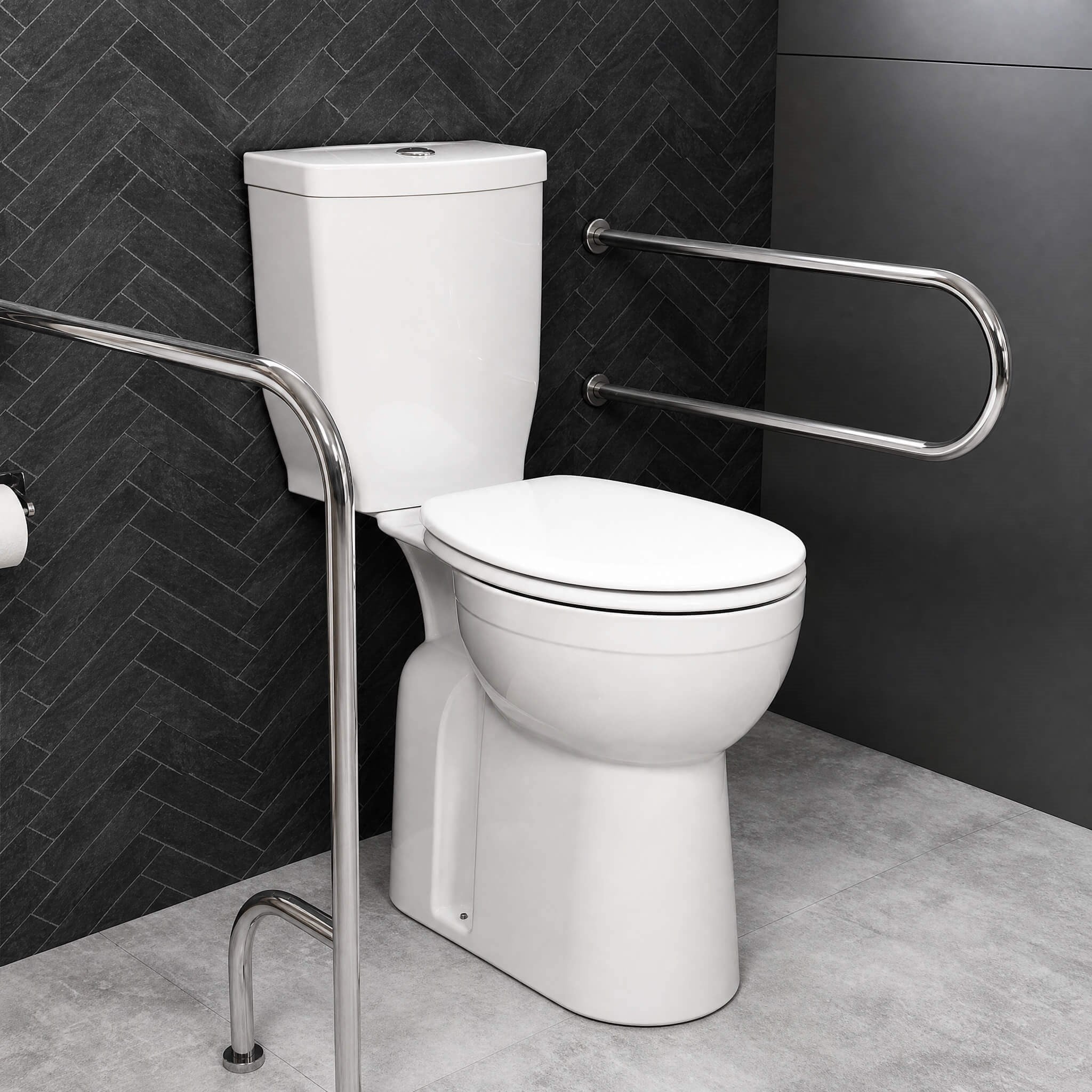 Quarter Bath Care Bedensel Engelli Klozet Alttan Çıkışlı delikli+Rezervuar,PP Yavaş kapanan Kapak & Çift basmalı İç takım Dahil, Beyaz|QRS.36.07.03.04