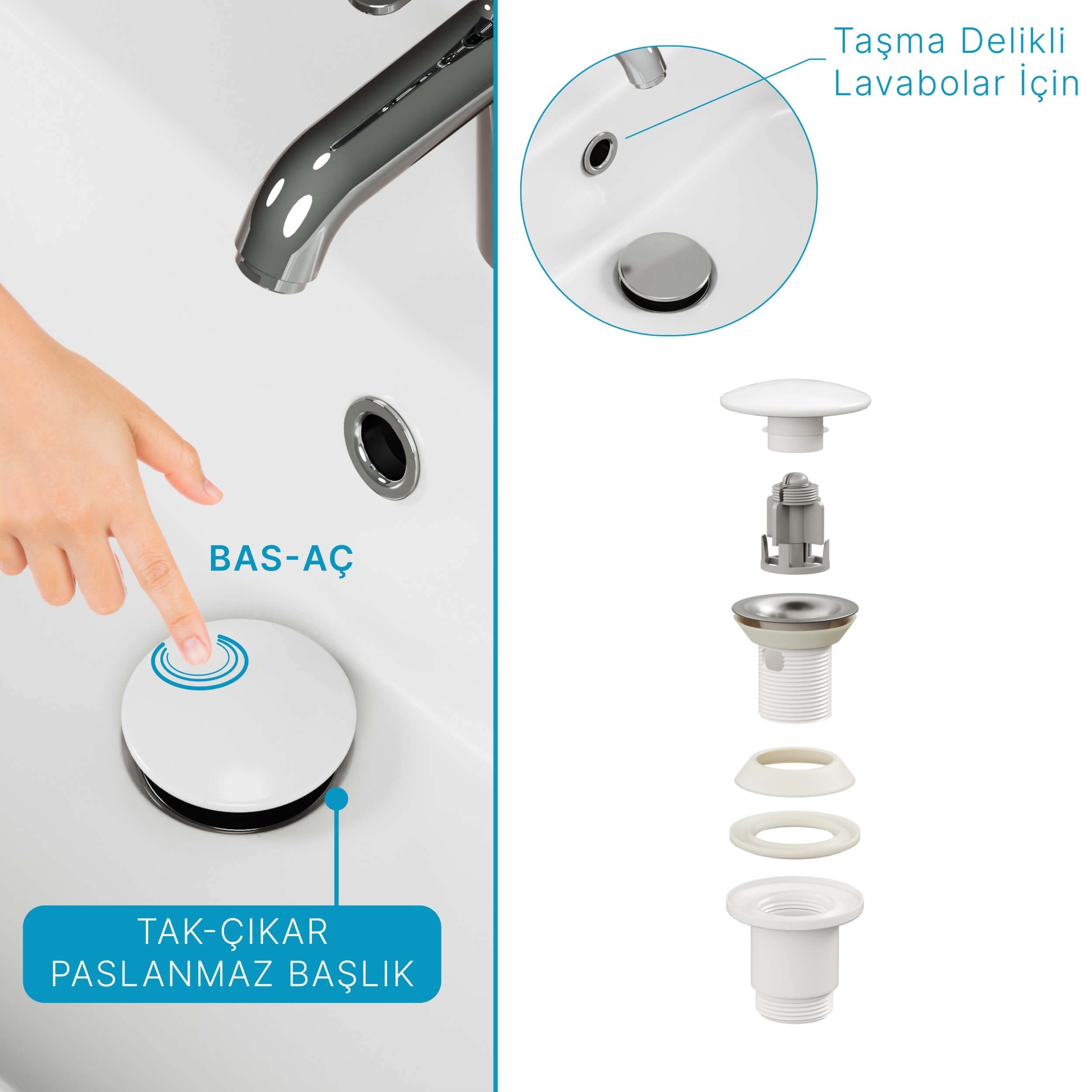 Sifon Tapası - Bas Aç - Beyaz Seramik Başlıklı -taşma Delikli-sifon Hariç