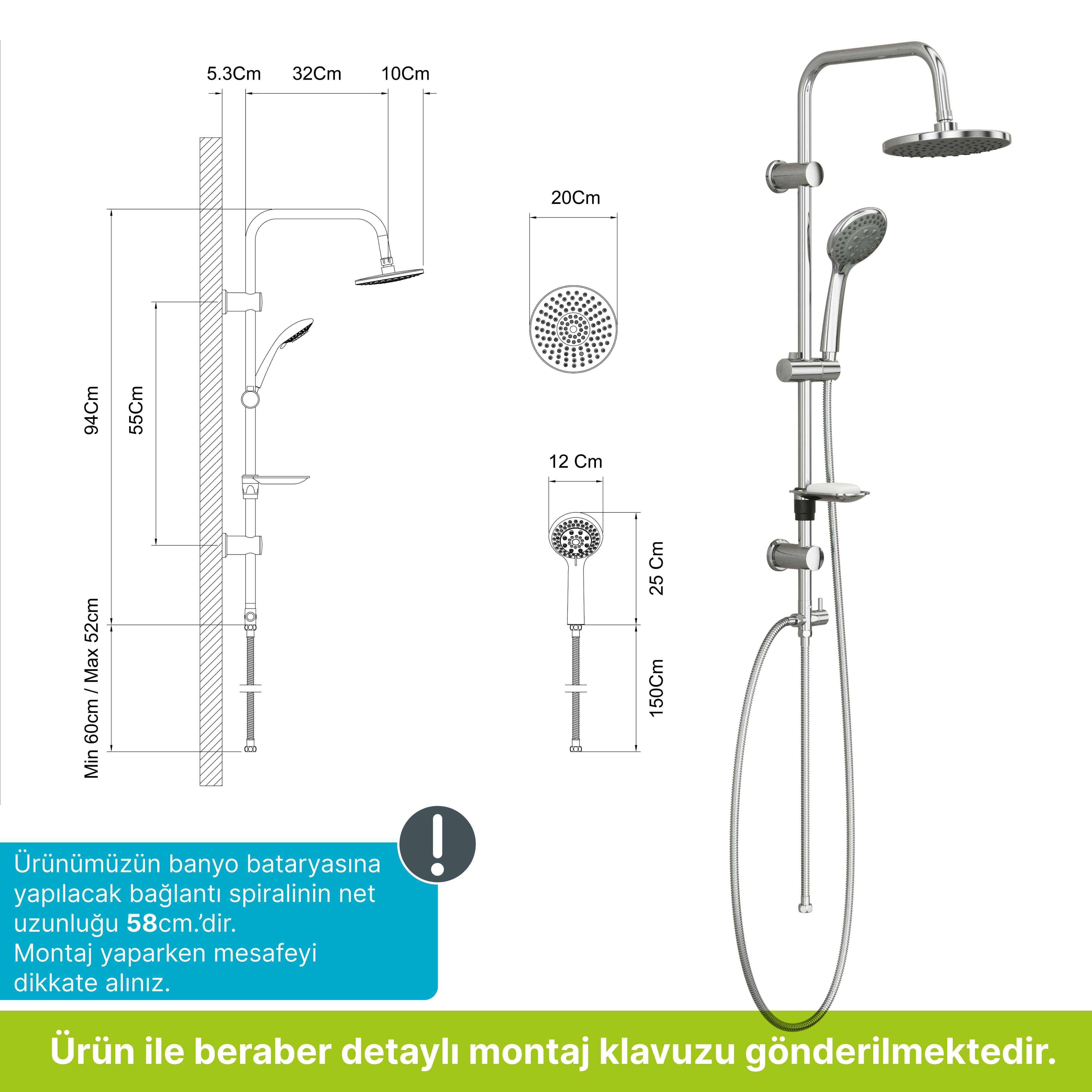 Spring Basic  Tepe Robot Duşu Seti , Parlak Krom