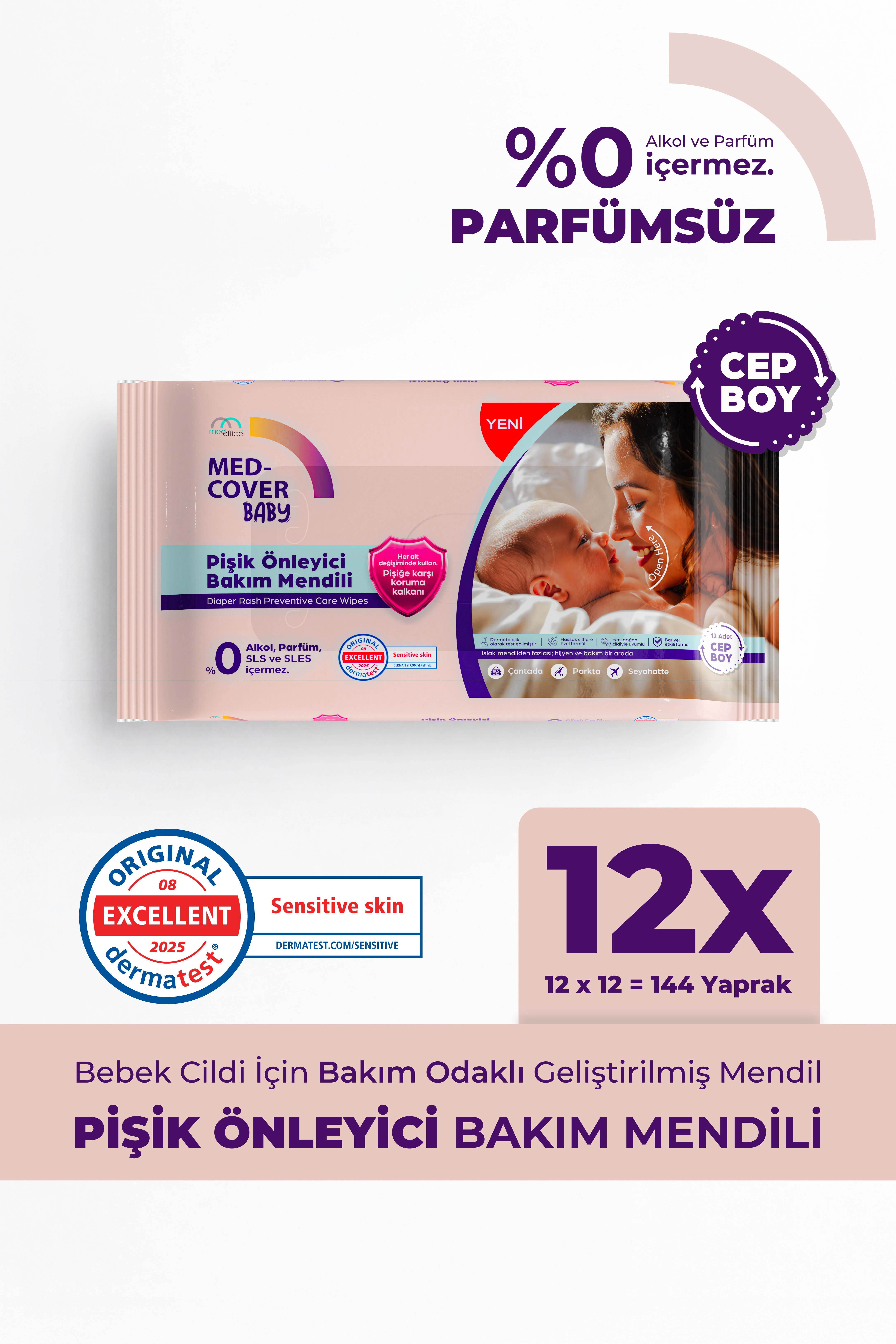 Med-Cover Baby Pişik Önleyici Bakım Mendili - Cep Boy 12'li x 12 Avantaj Paketi