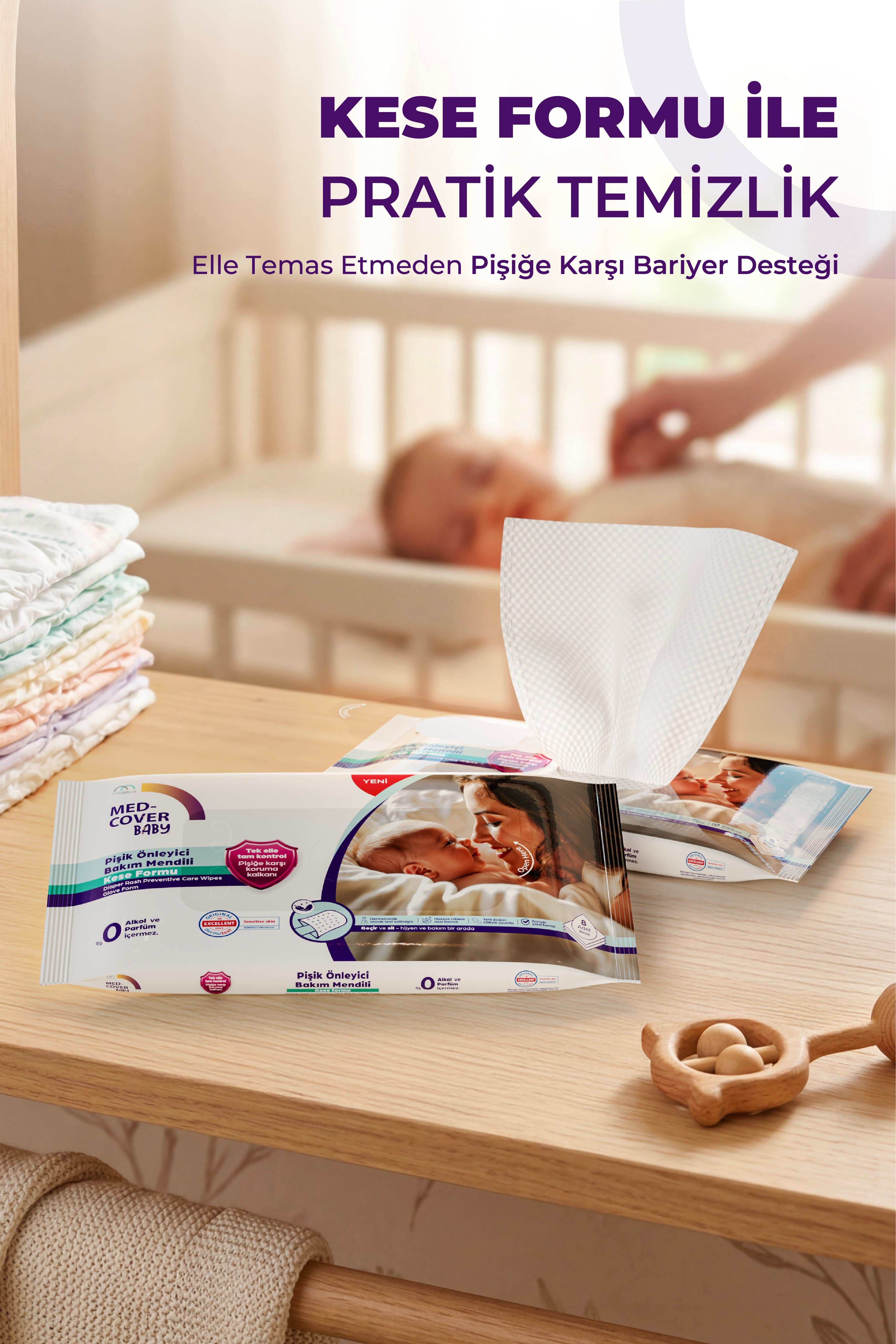 MED-COVER Baby Pişik Önleyici Bakım Mendil Seti – Parfümlü 50'li  + Parfümsüz 50'li + 2 Kese + 2 Cep Boy