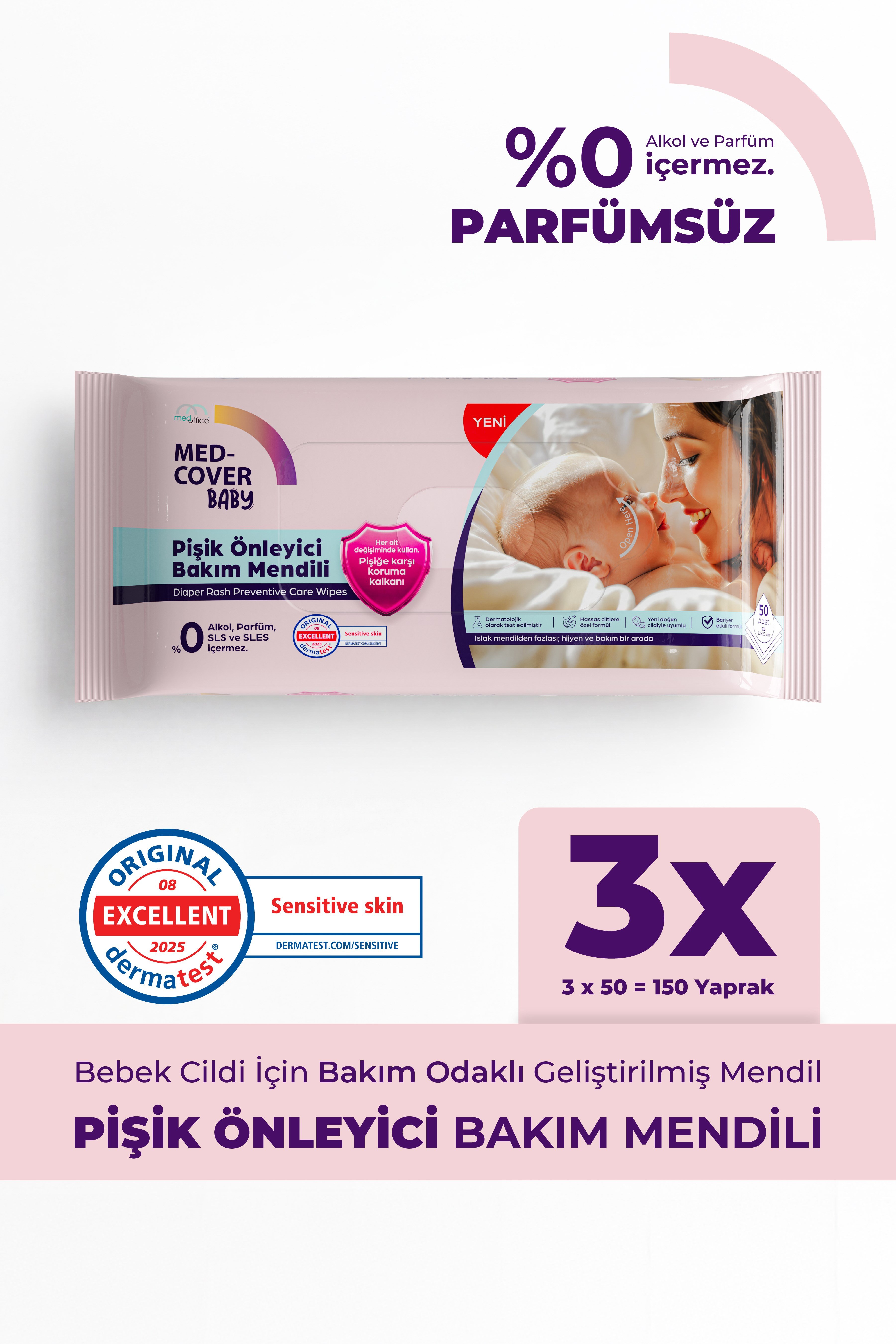 Med-Cover Baby Pişik Önleyici Bakım Mendili 50'li x 3 Avantaj Paketi