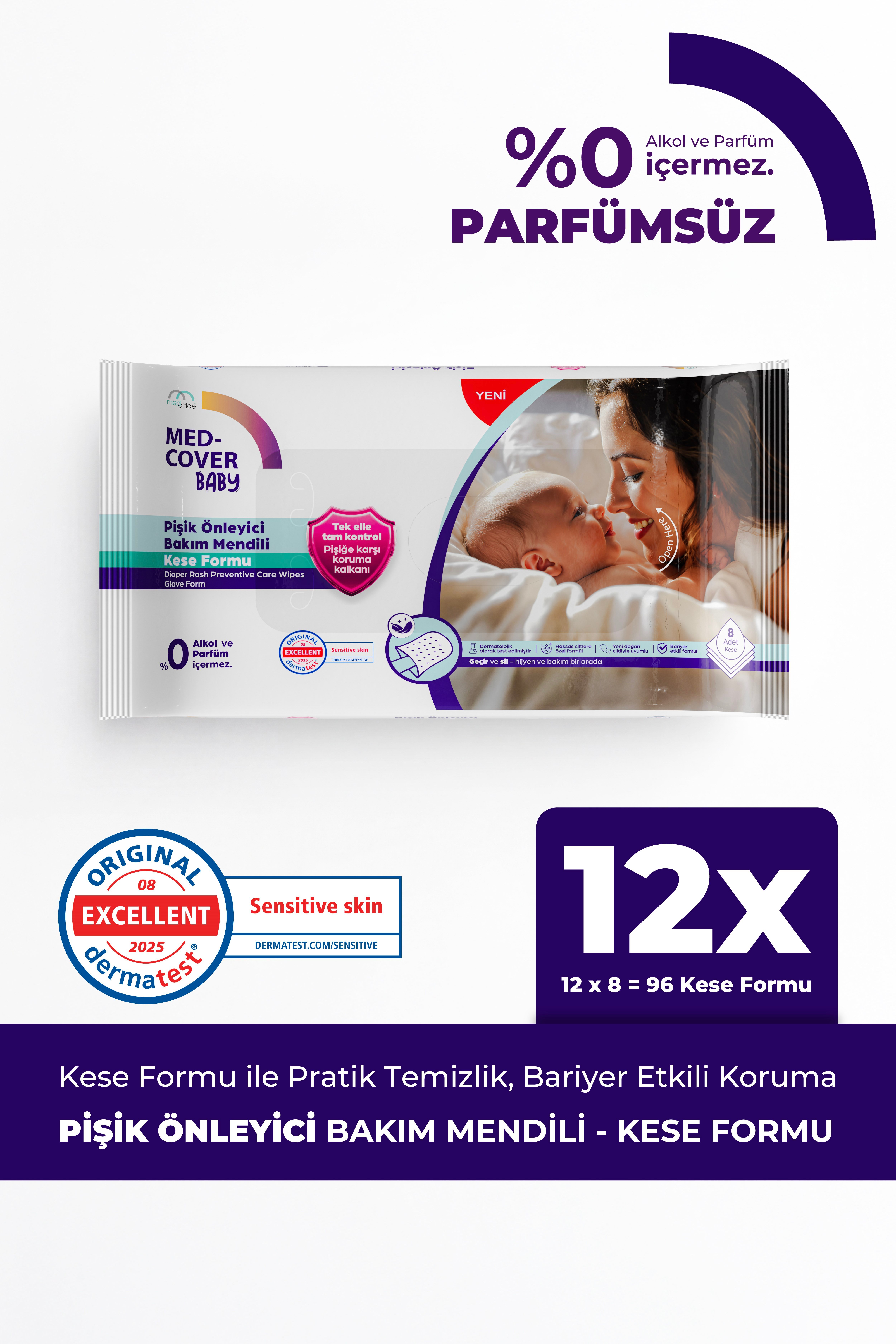 Med-Cover Baby Pişik Önleyici Bakım Mendili – Kese Formu 8'li x 12 Avantaj Paketi