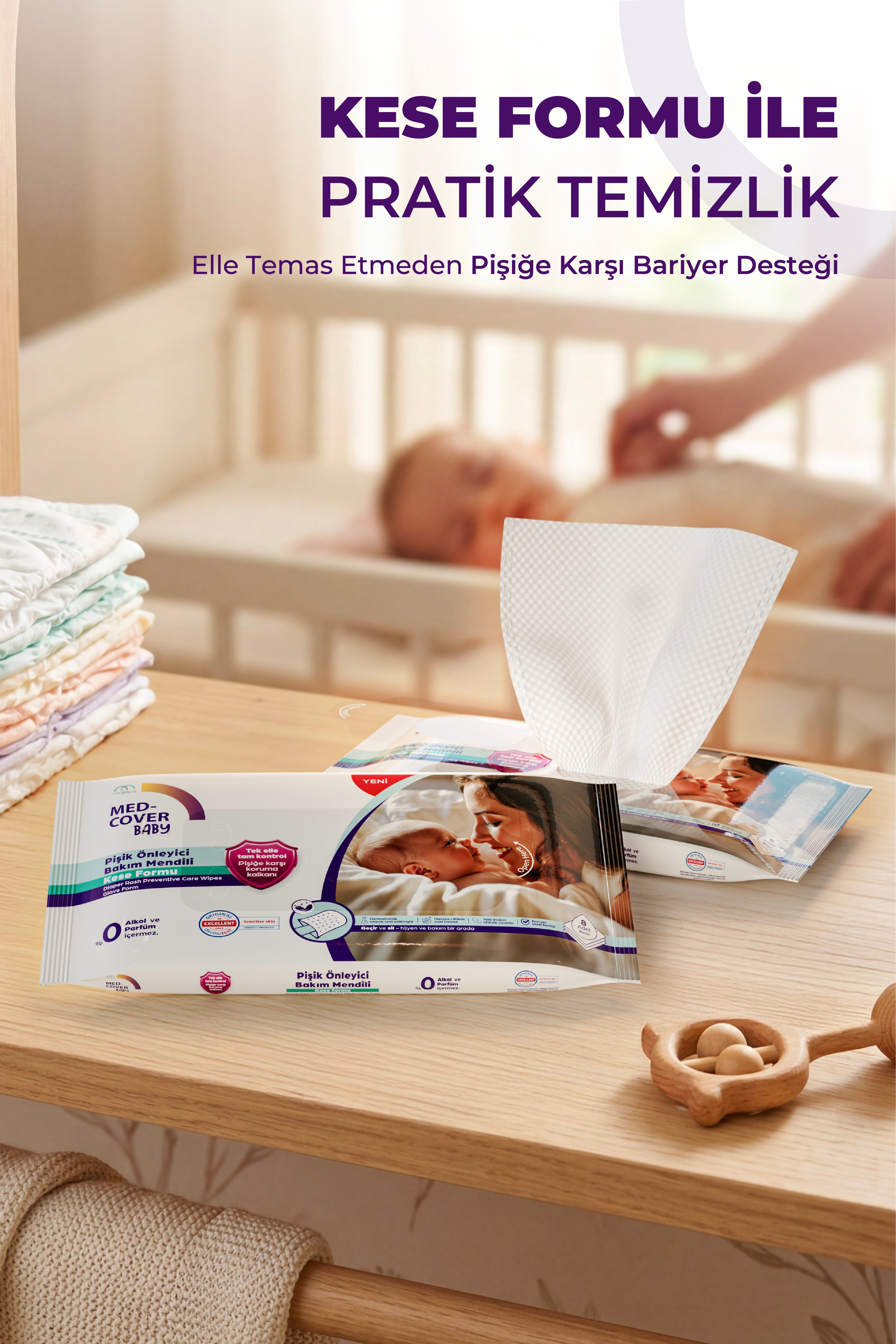 Med-Cover Baby Pişik Önleyici Bakım Mendili – Kese Formu 8'li x 12 Avantaj Paketi