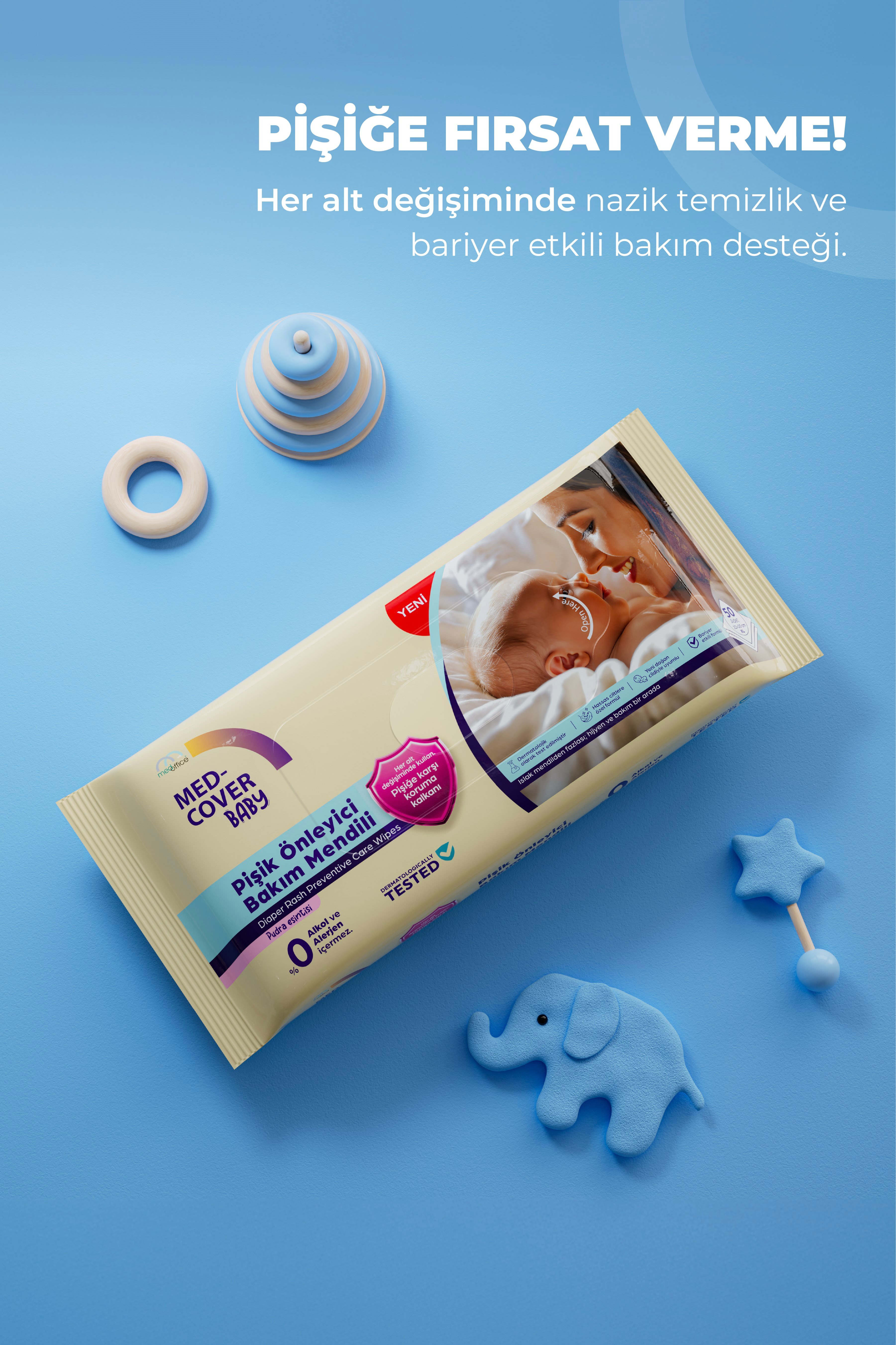 MED-COVER Baby Pişik Önleyici Bakım Mendil Seti – Parfümlü 50'li  + Parfümsüz 50'li + 2 Kese + 2 Cep Boy