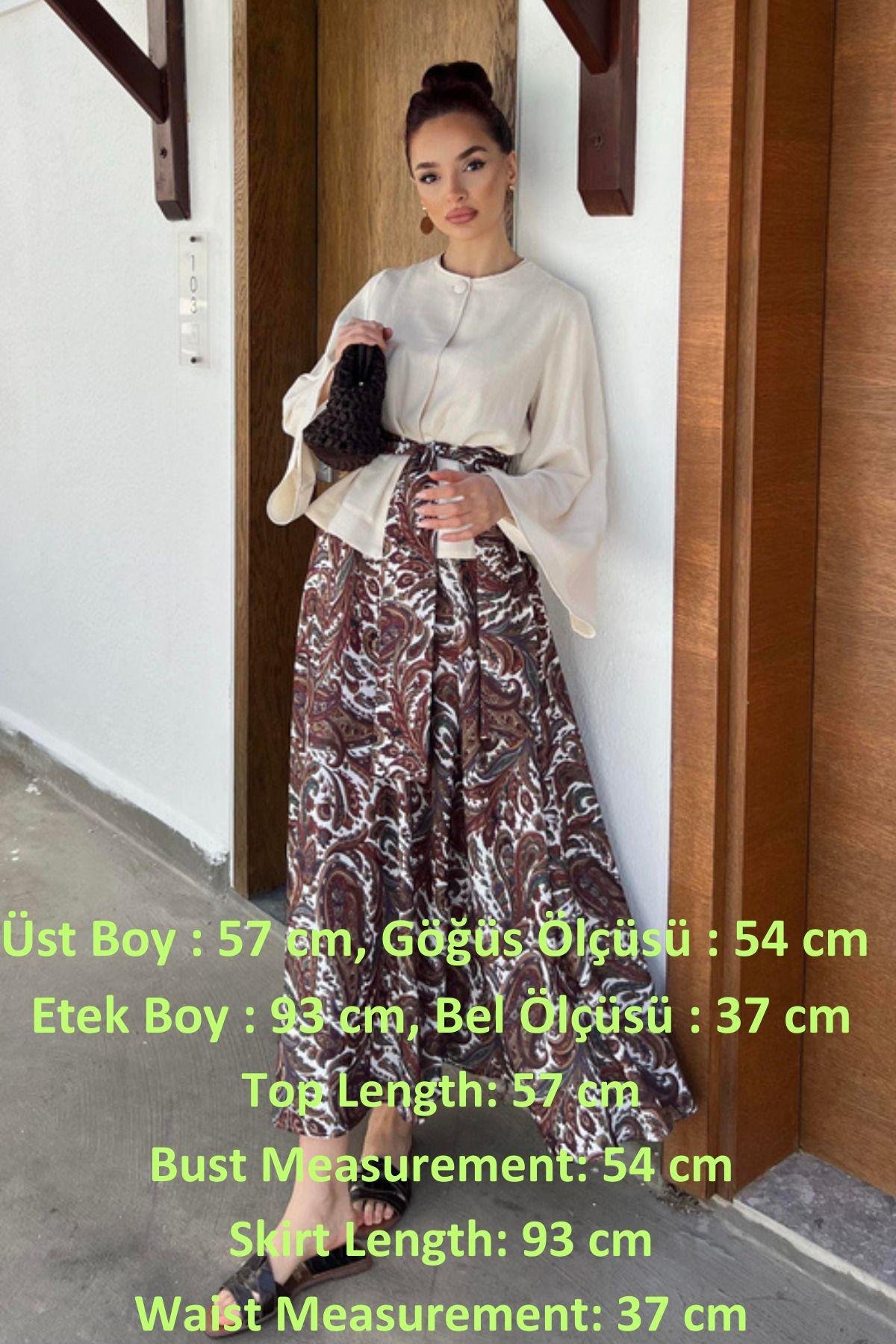 Kadın Krem Bluz & Etnik Desenli Maxi Etek Takım – Yazlık Şık Kombin