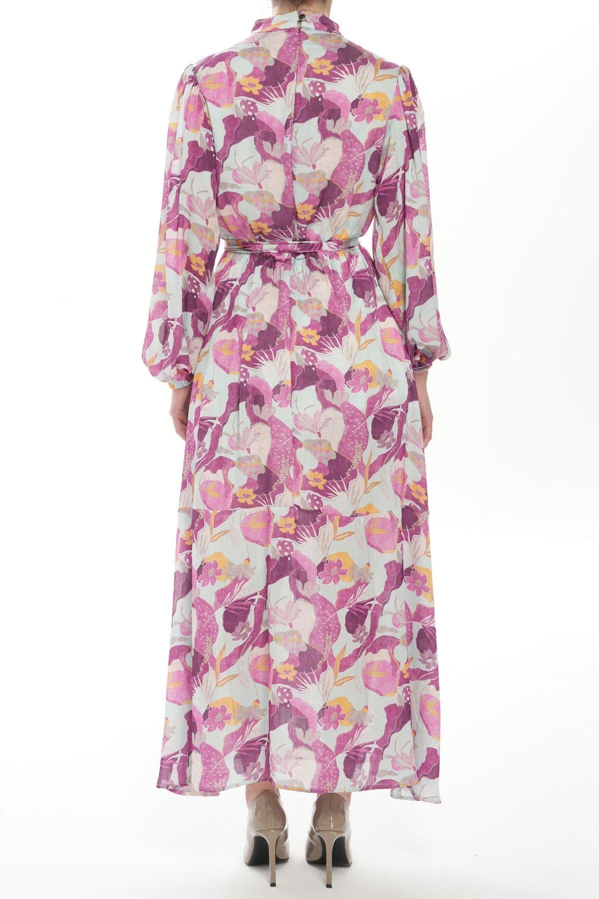 Kadın Mor Çiçek Desenli Kuşaklı Şifon Elbise - Yazlık Uzun Kol Tesettür Elbise