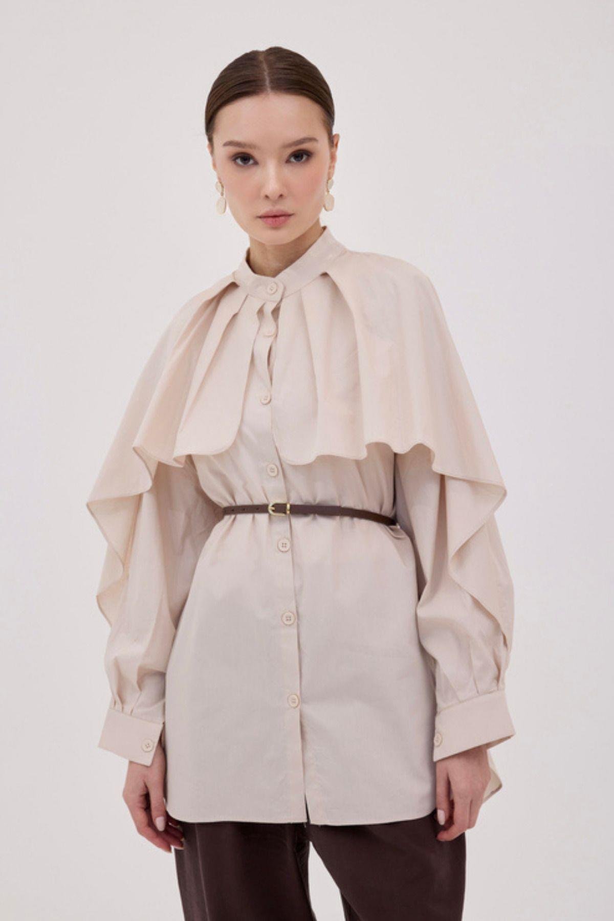 Poplin Kumaş Pelerin Detaylı Oversize Kadın Tesettür Gömlek