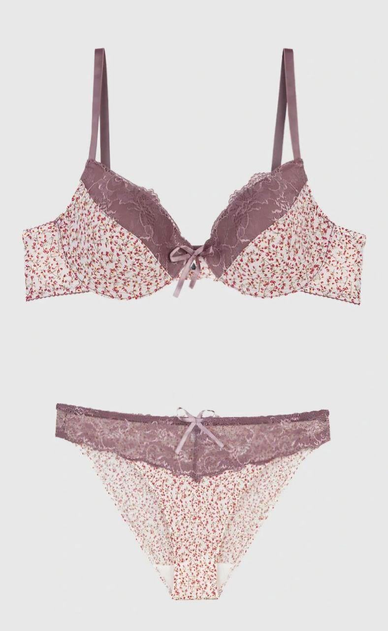 Lila Dantel Desenli Lingerie Takımı