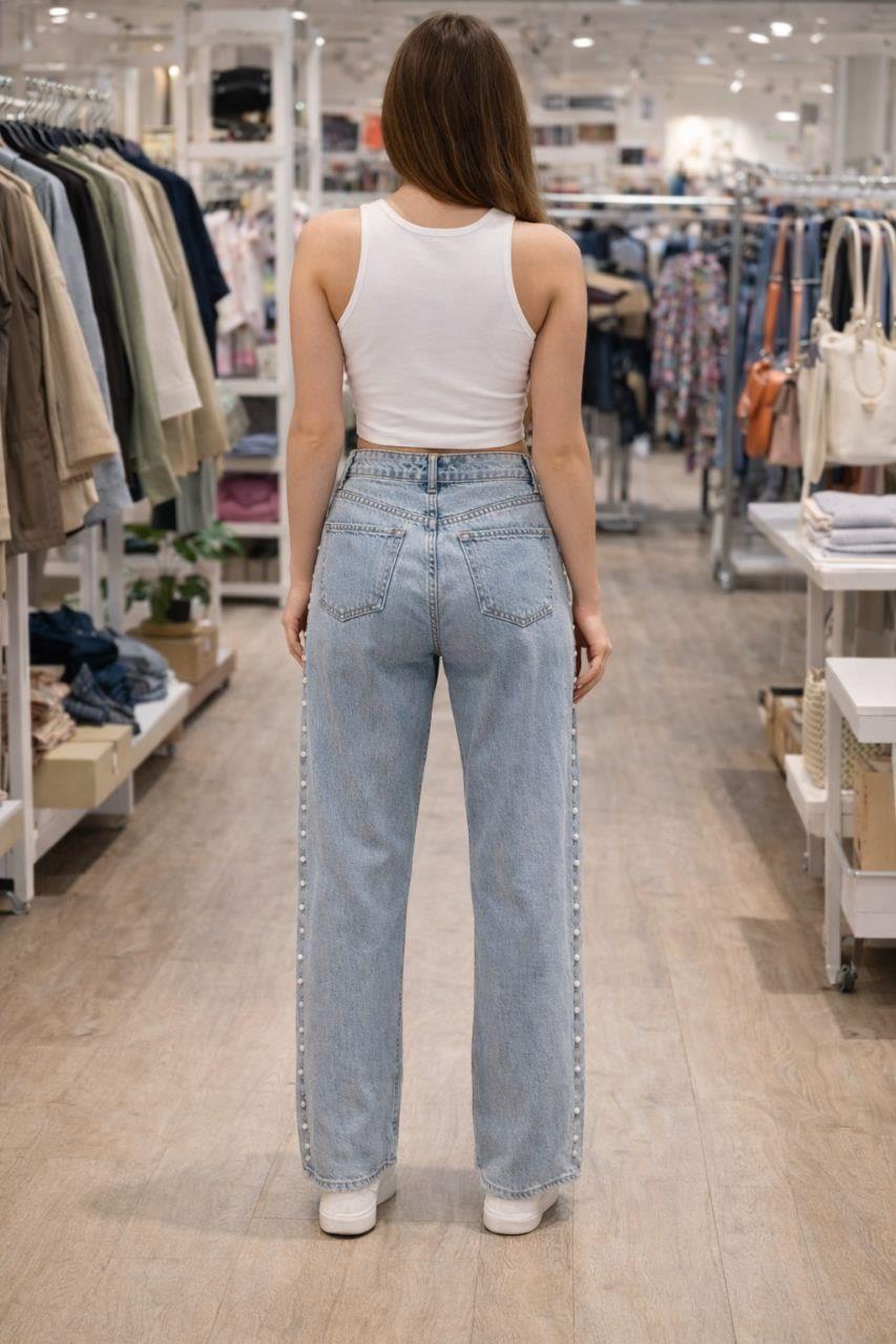Yüksek Bel Açık Mavi Taş Detaylı Wide Leg Jean