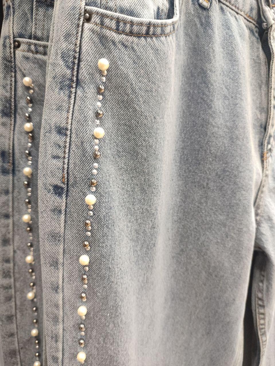 Yüksek Bel Açık Mavi Taş Detaylı Wide Leg Jean