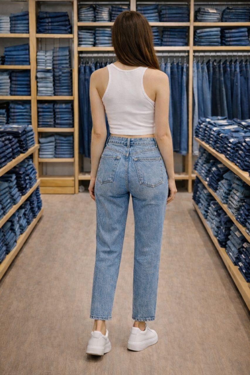 Yüksek Bel Yırtık Detaylı Mom Jean Pantolon