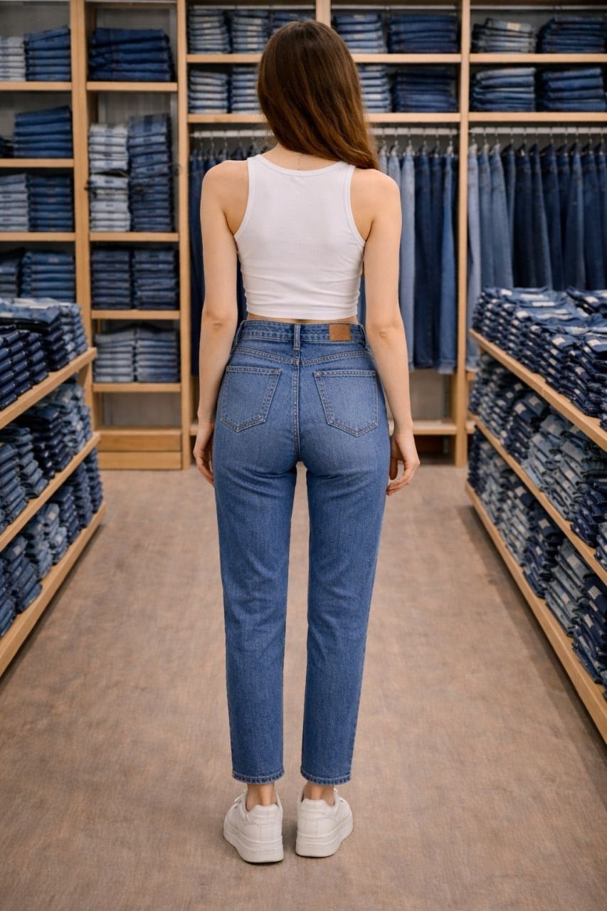 Yüksek Bel Yırtık Detaylı Mom Jean Pantolonn