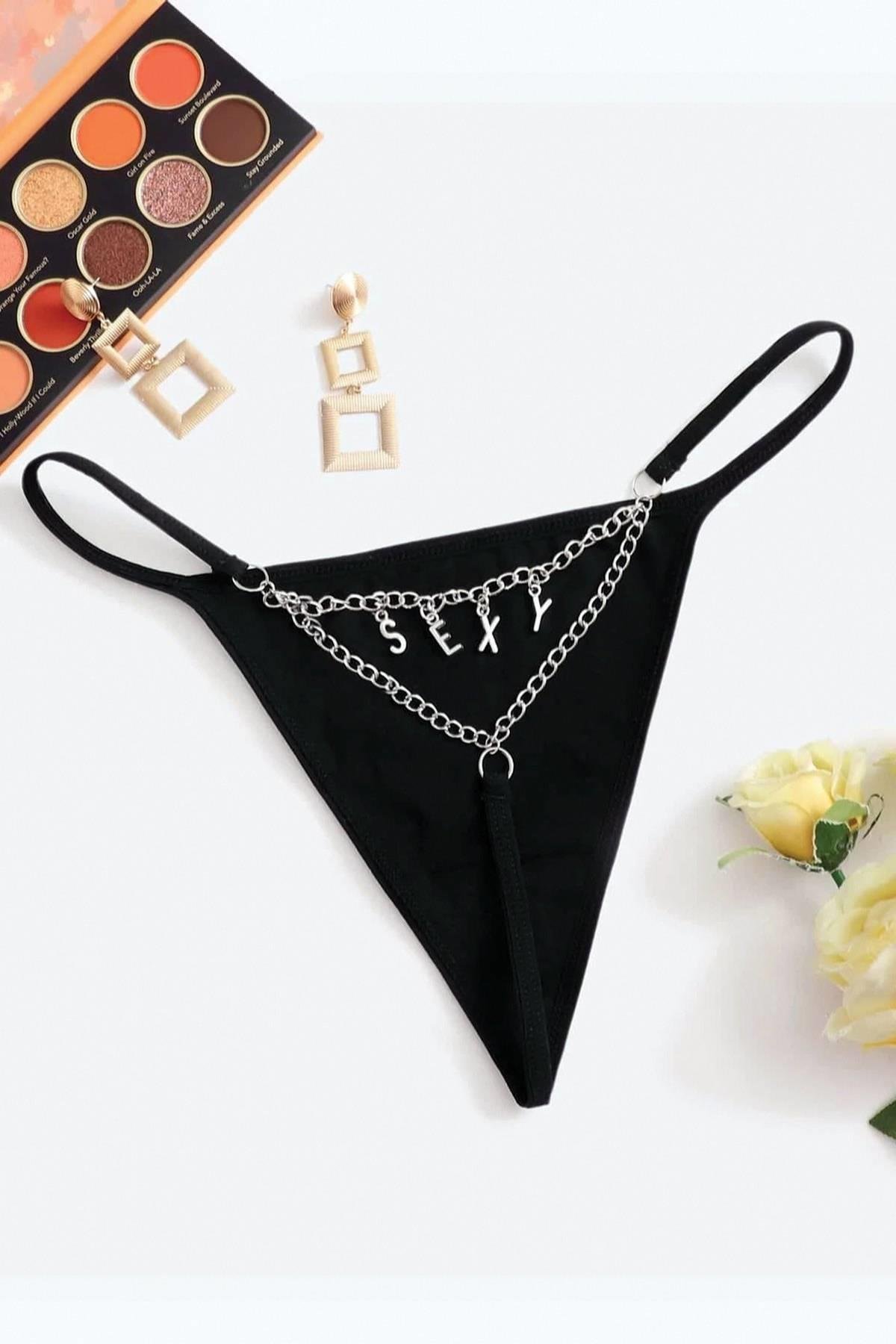 Aria's Closet Arkası Sexy Yazılı Zincirli Fantezi Tanga Külot